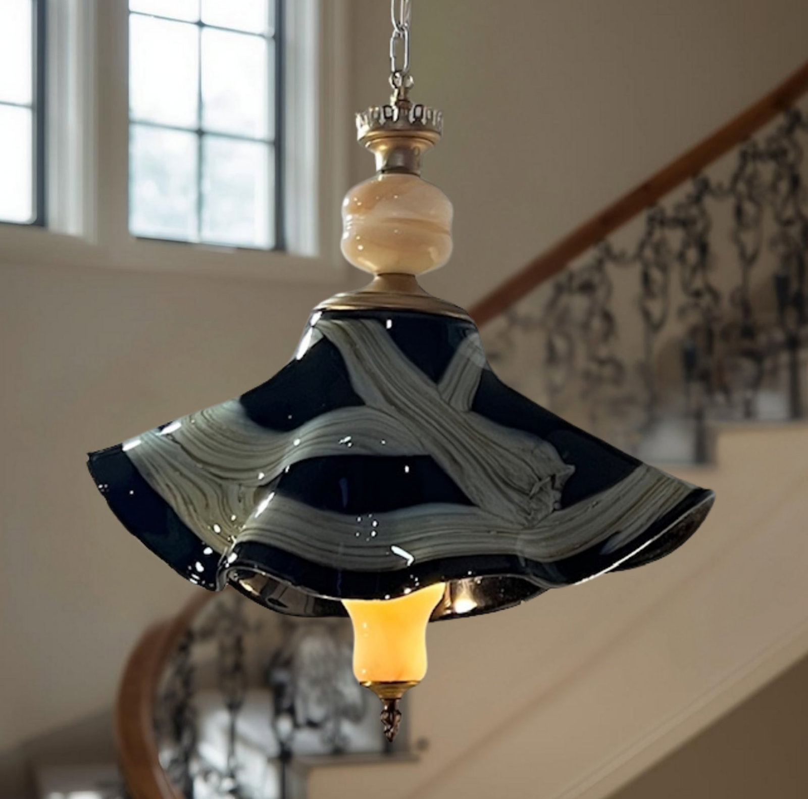 Vintage Art Glass Black Tan Ribbon Swirl Fazzoletto and Agate Glass Pendant Light - 2