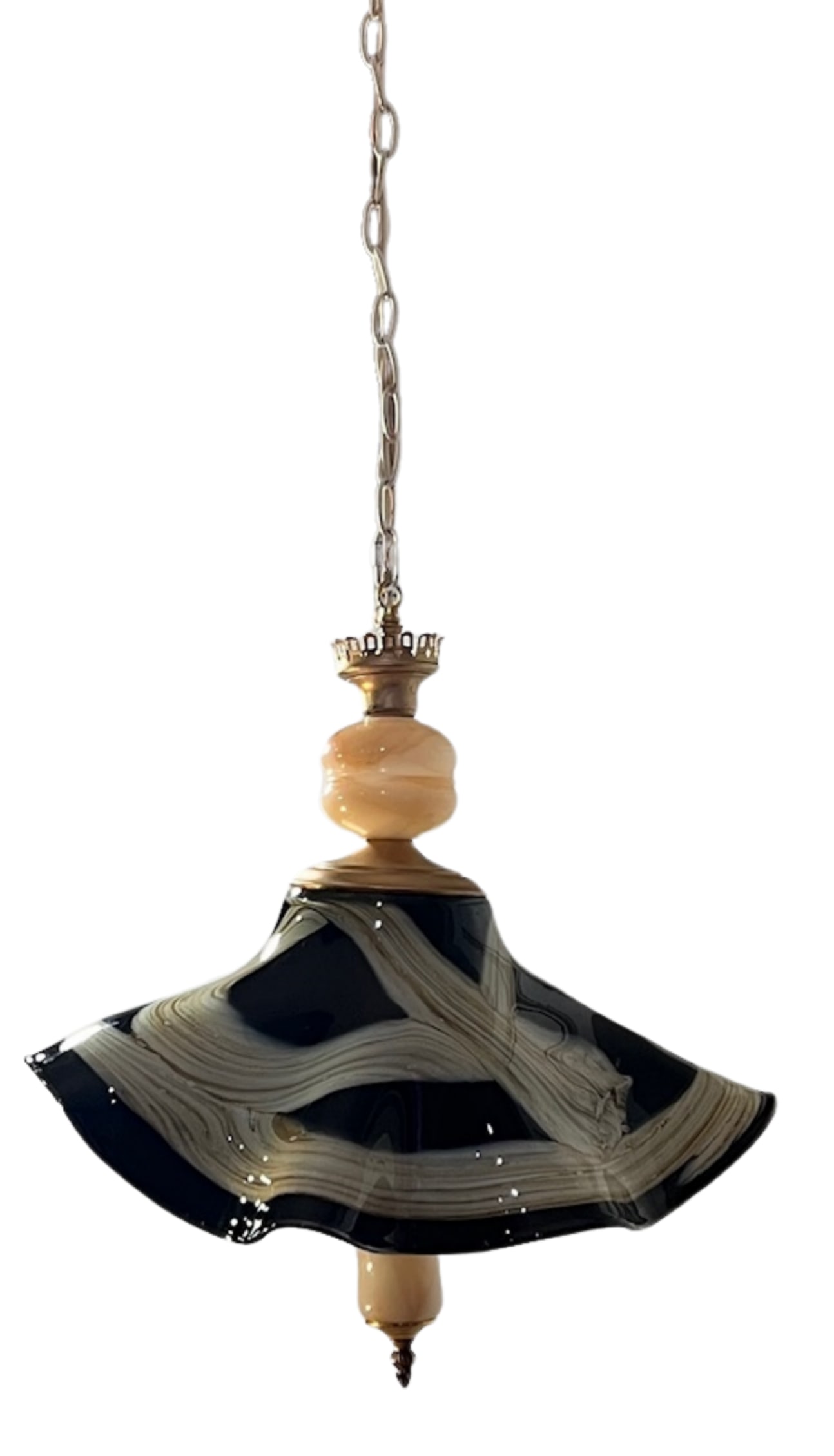 Vintage Art Glass Black Tan Ribbon Swirl Fazzoletto and Agate Glass Pendant Light - 3