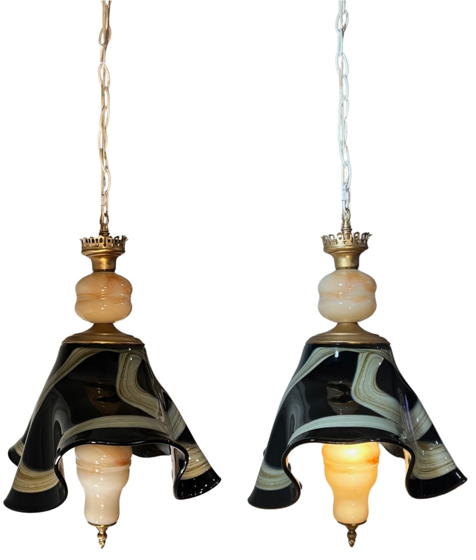 Vintage Art Glass Black Tan Ribbon Swirl Fazzoletto and Agate Glass Pendant Light - 4