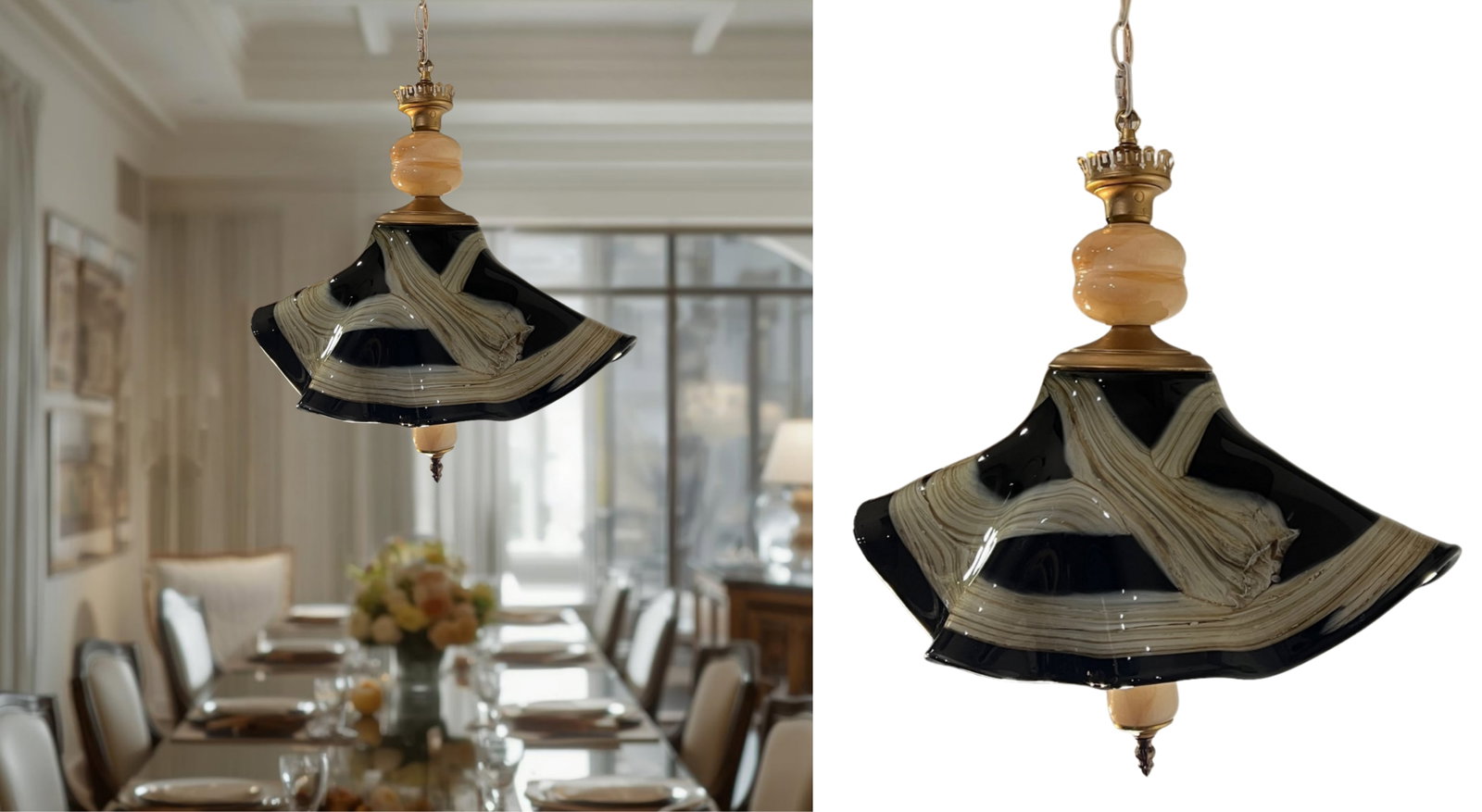 Vintage Art Glass Black Tan Ribbon Swirl Fazzoletto and Agate Glass Pendant Light - 6