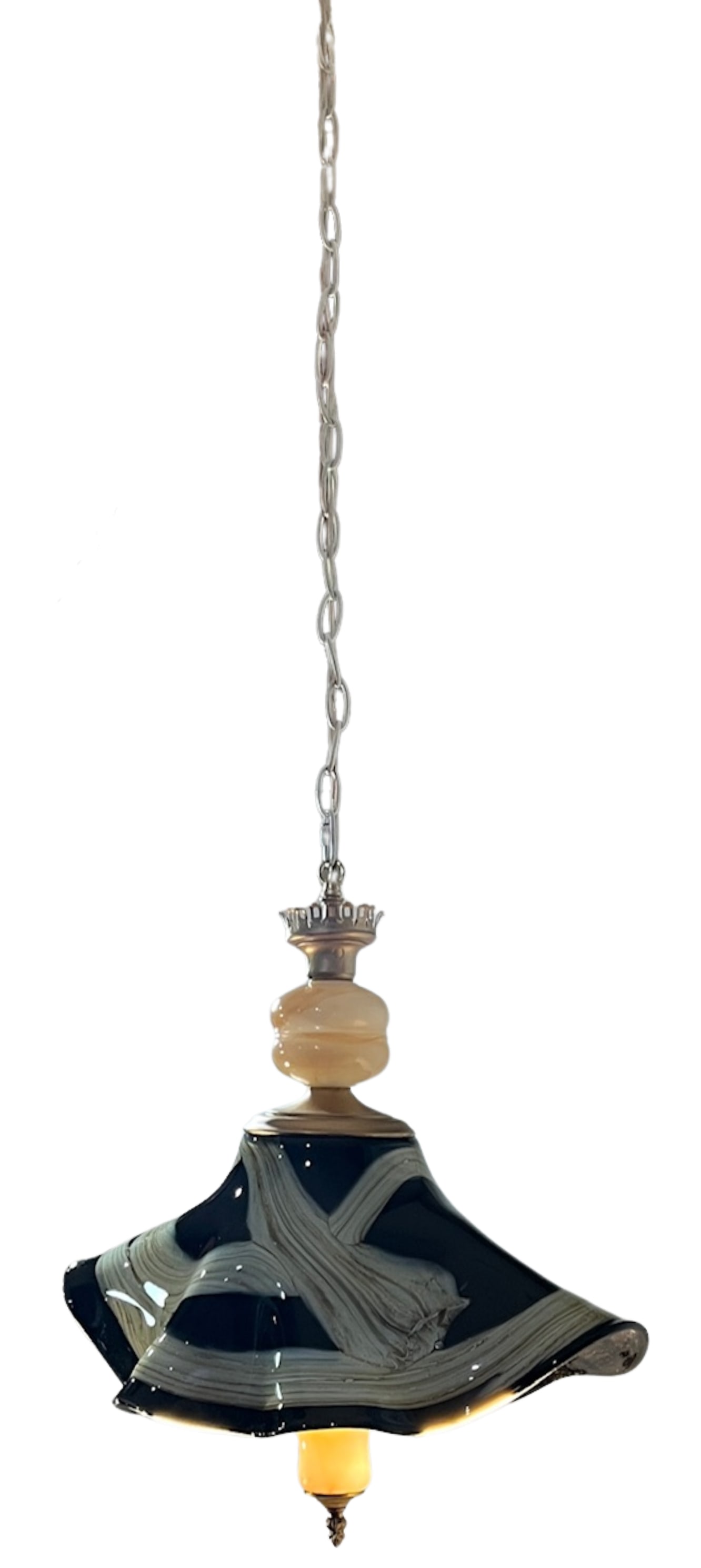 Vintage Art Glass Black Tan Ribbon Swirl Fazzoletto and Agate Glass Pendant Light - 7