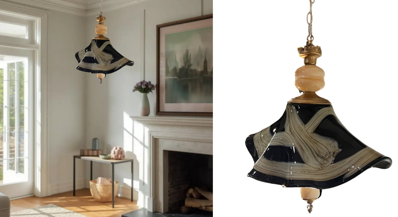 Vintage Art Glass Black Tan Ribbon Swirl Fazzoletto and Agate Glass Pendant Light - 9