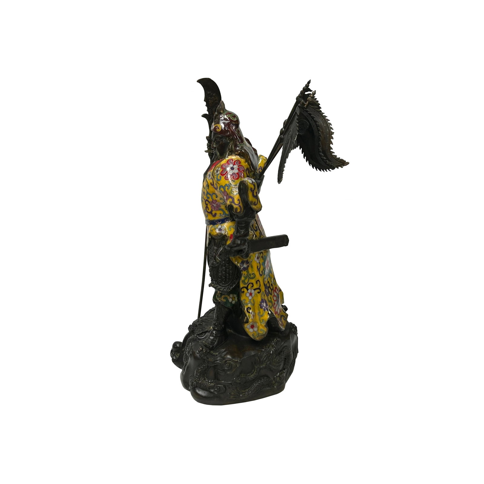 Vintage Cloisonne Yellow Enamel General Guan Yu Warrior Metal Statue - 13