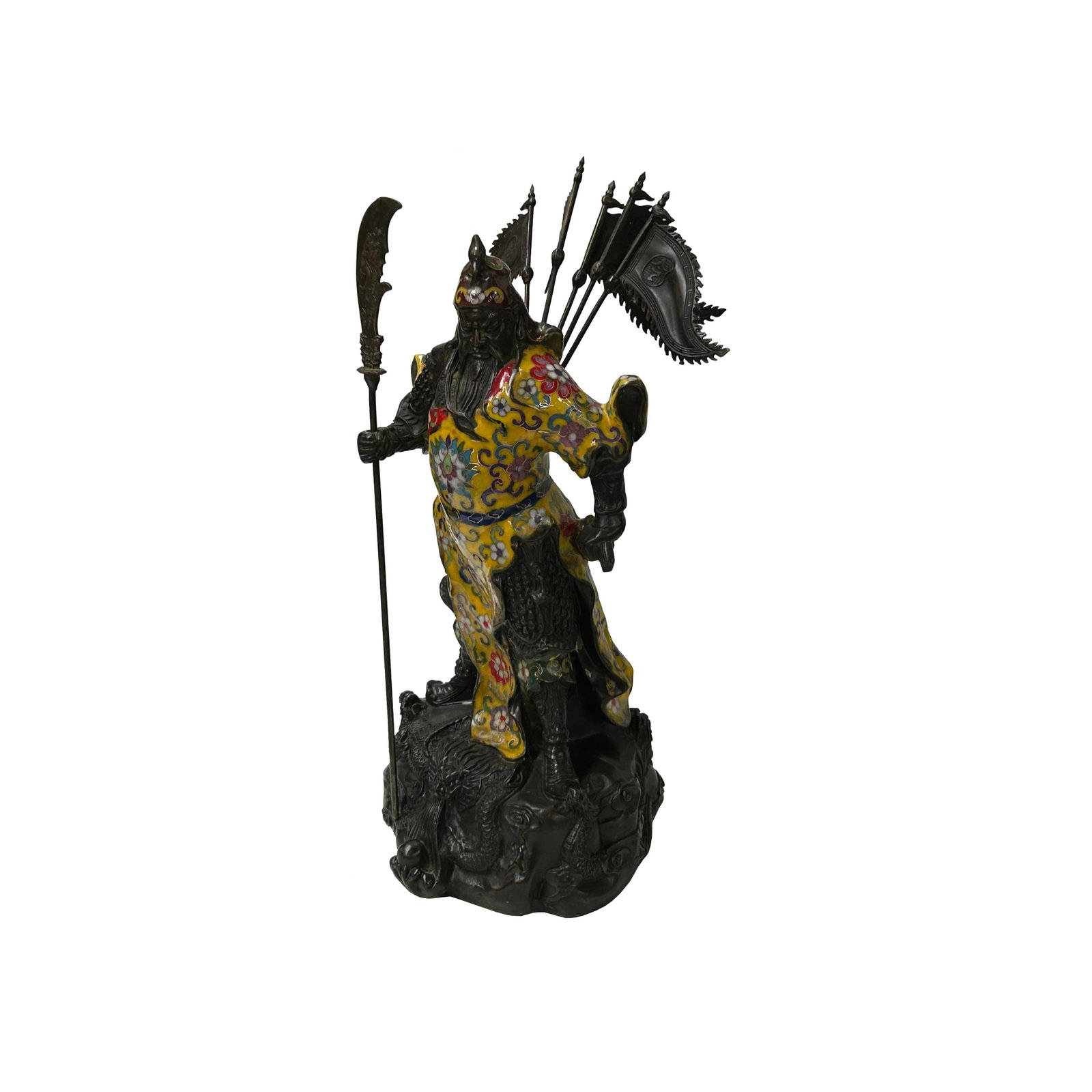 Vintage Cloisonne Yellow Enamel General Guan Yu Warrior Metal Statue - 14