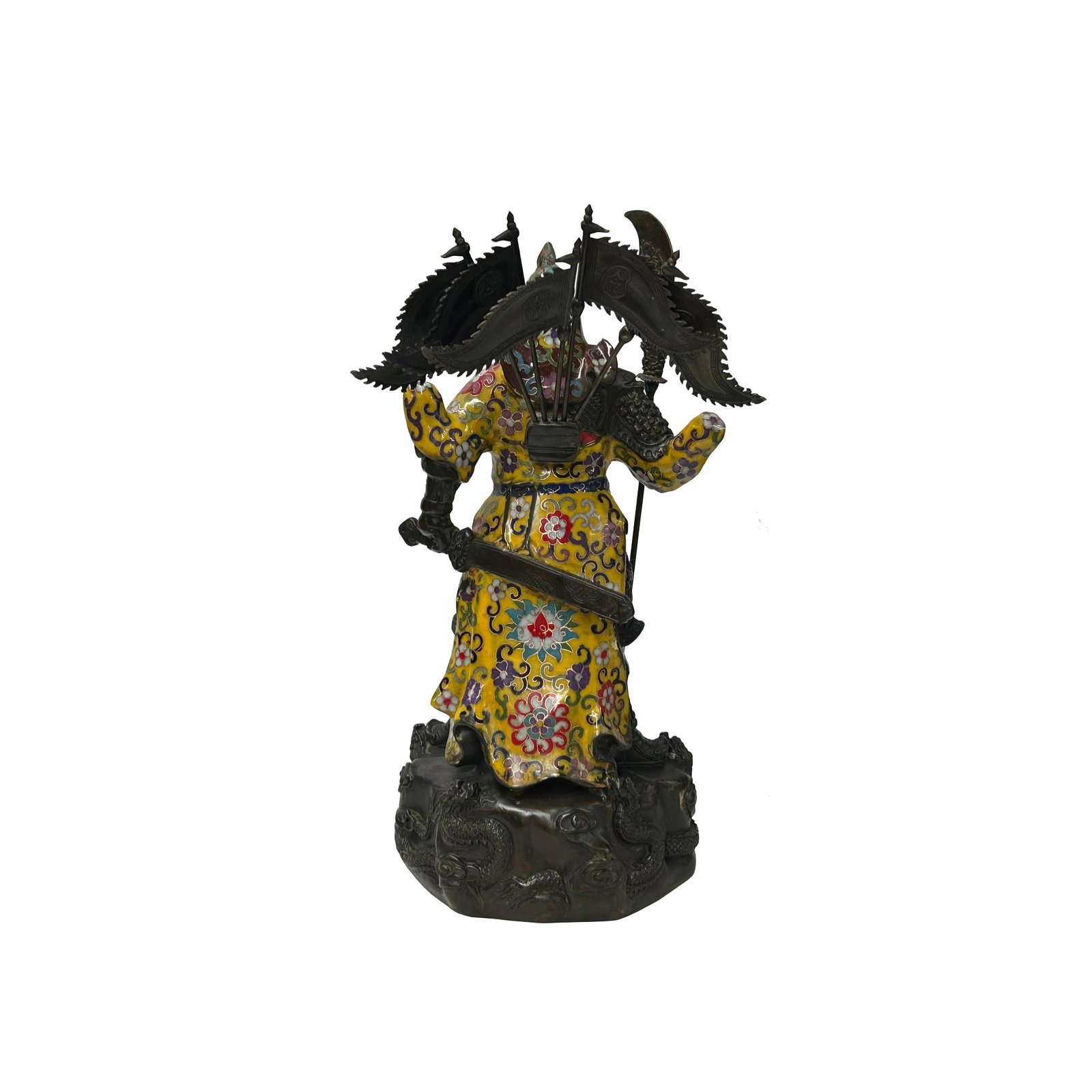 Vintage Cloisonne Yellow Enamel General Guan Yu Warrior Metal Statue - 16