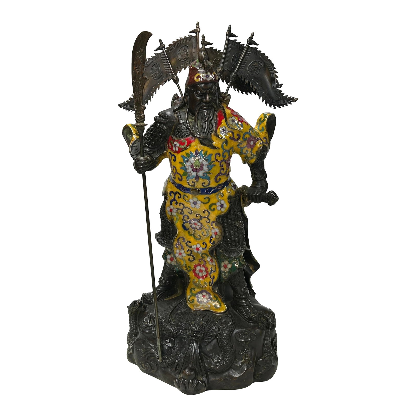 Vintage Cloisonne Yellow Enamel General Guan Yu Warrior Metal Statue: This impressive bronze and cloisonné enamel sculpture depicts Guan Yu, the legendary general from the Three Kingdoms period and a revered deity in Chinese culture. Standing in a commanding martia
