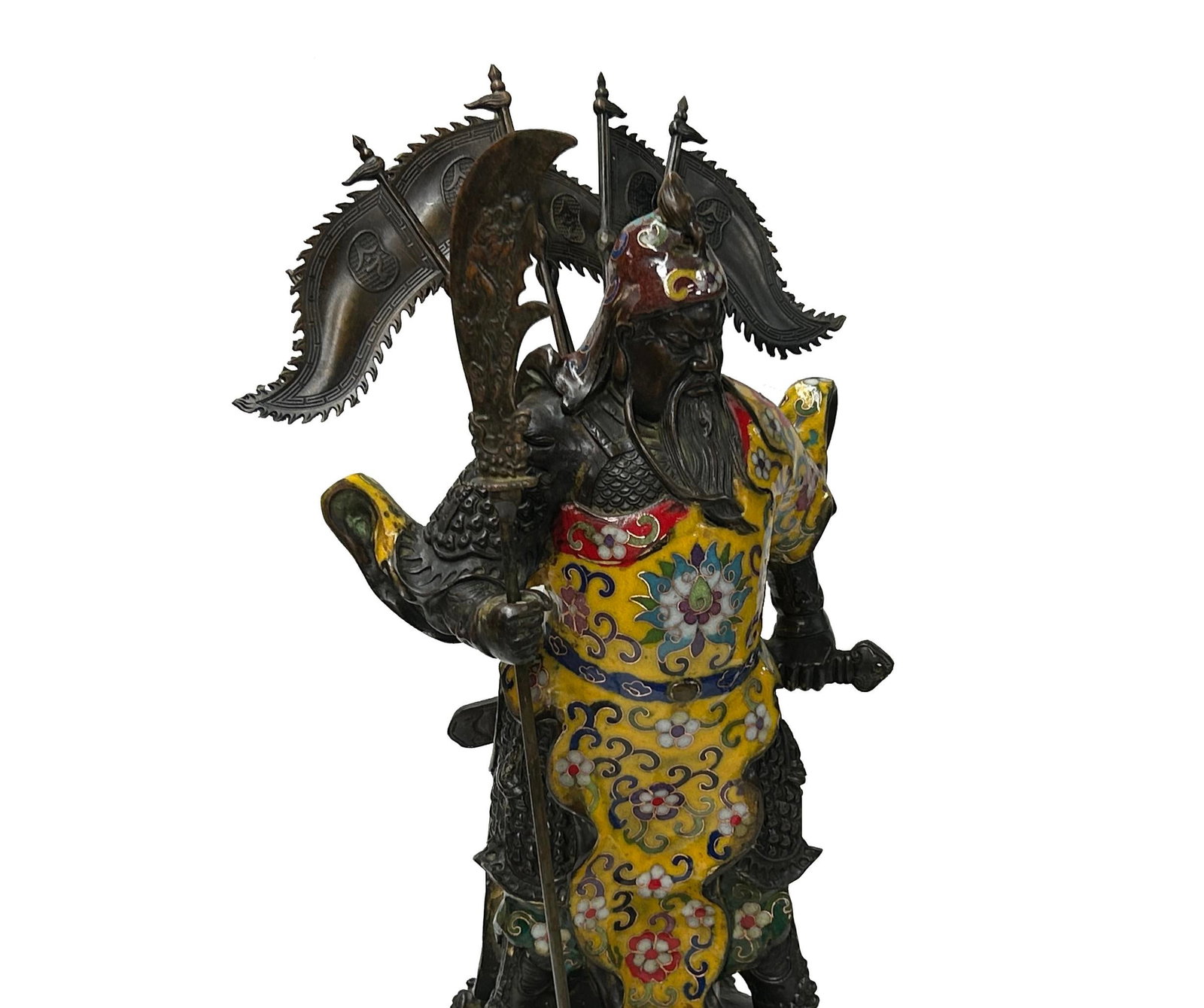 Vintage Cloisonne Yellow Enamel General Guan Yu Warrior Metal Statue - 2