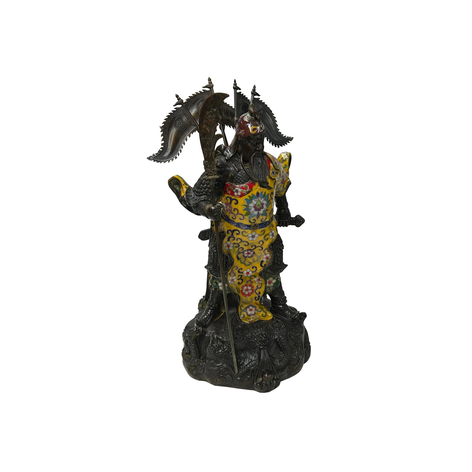 Vintage Cloisonne Yellow Enamel General Guan Yu Warrior Metal Statue - 5