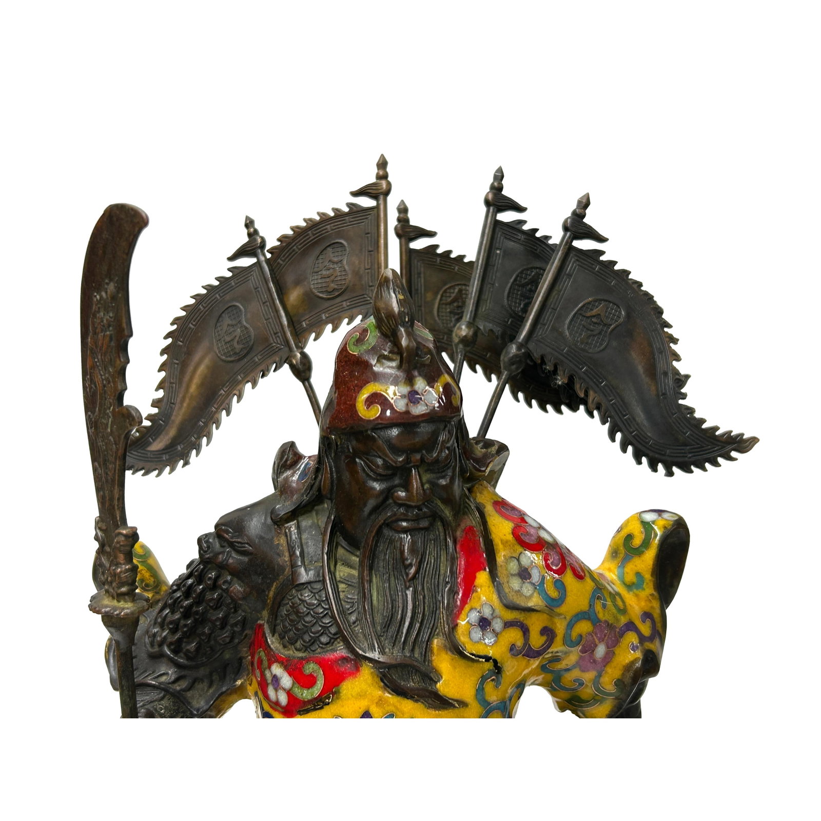 Vintage Cloisonne Yellow Enamel General Guan Yu Warrior Metal Statue - 6