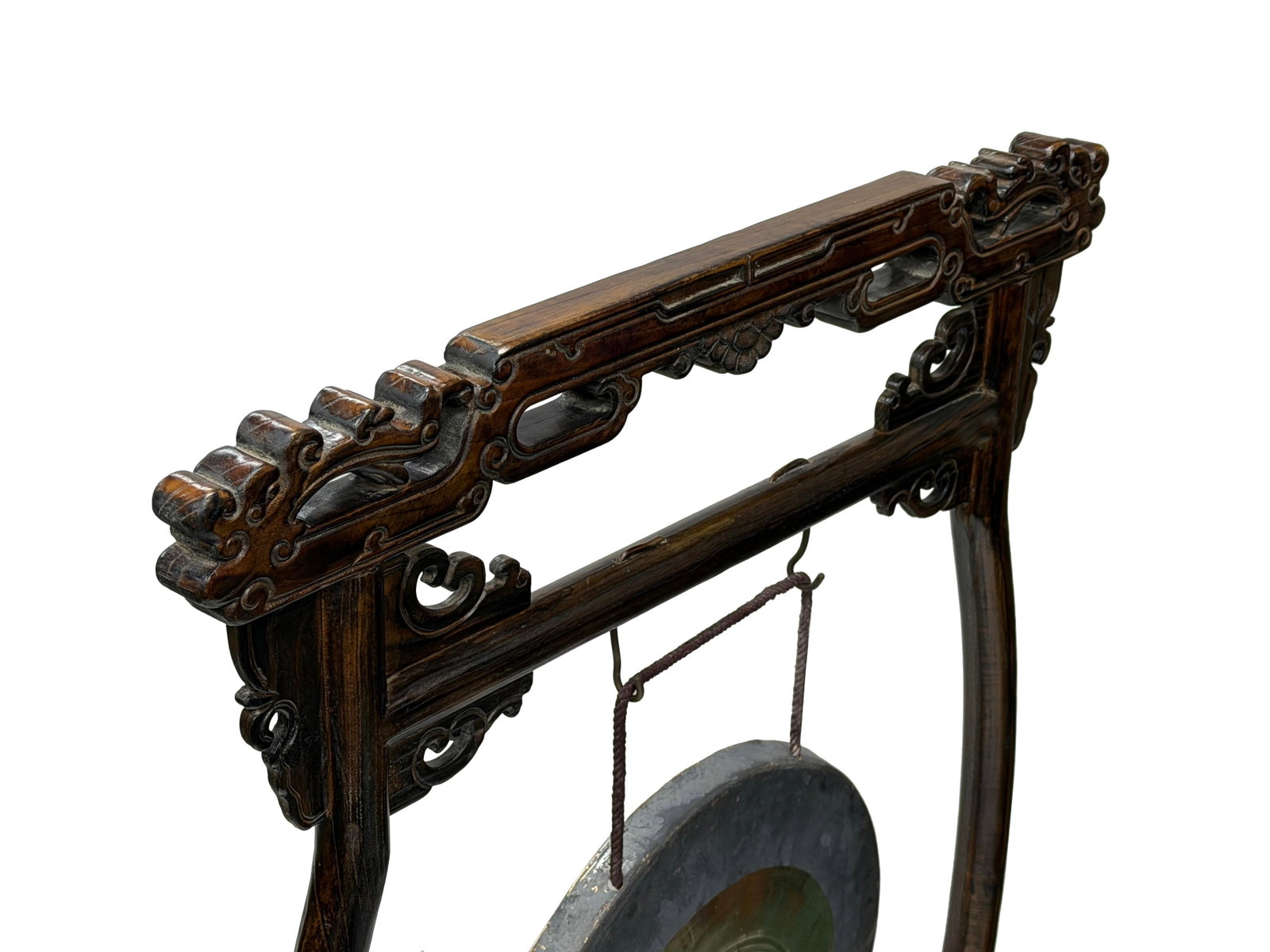 Chinese Distressed Brown Dragon Head Wood Figure Gong Display Rack - 10