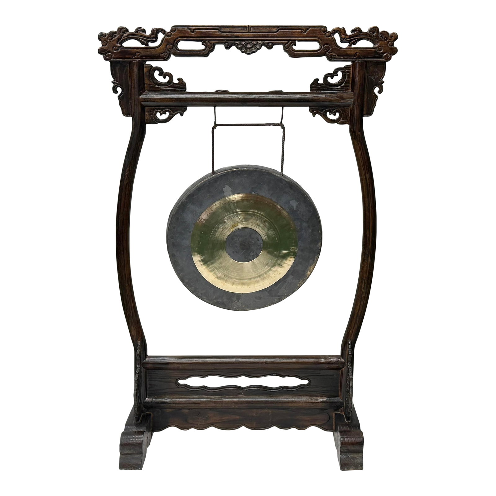 Chinese Distressed Brown Dragon Head Wood Figure Gong Display Rack (1 of 10)