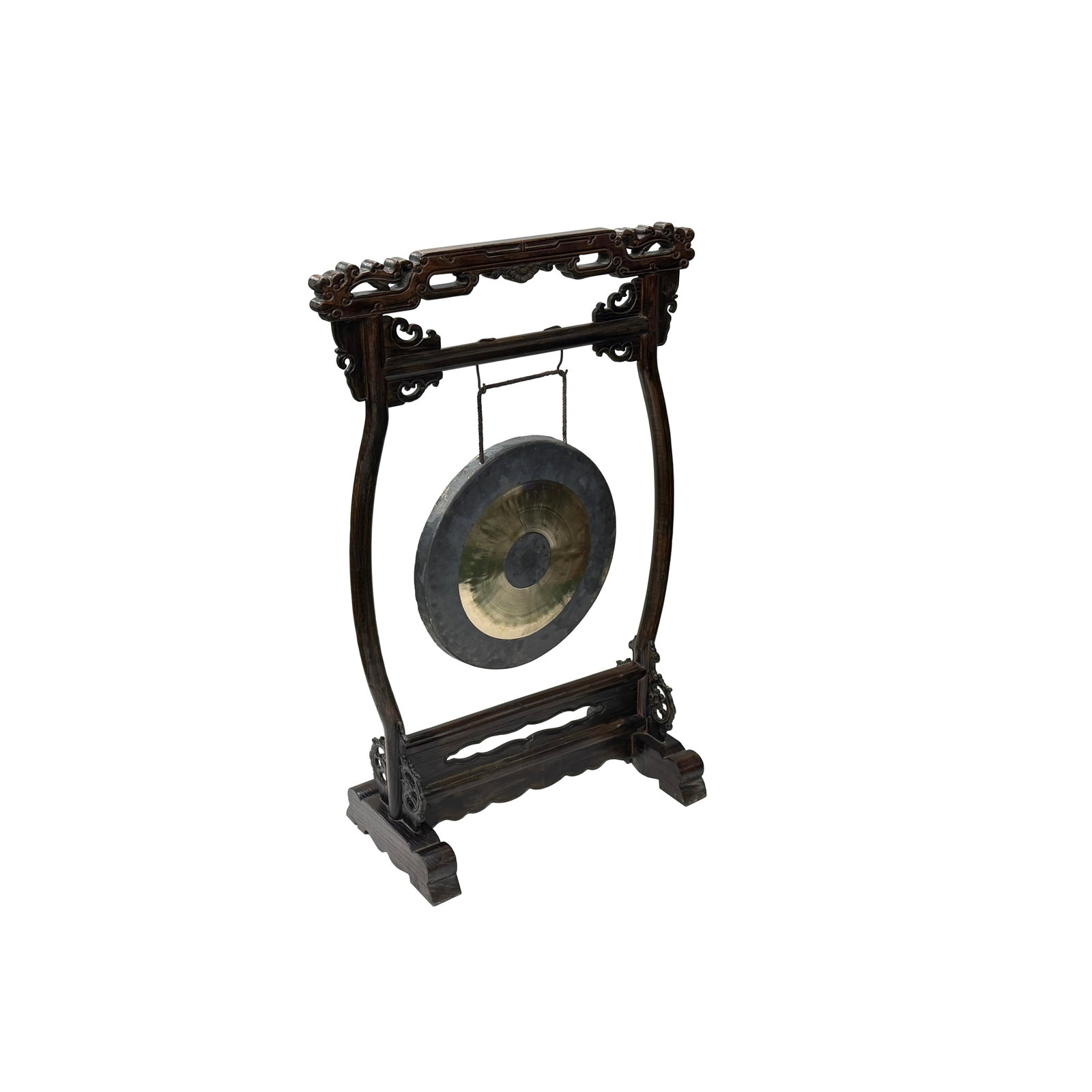 Chinese Distressed Brown Dragon Head Wood Figure Gong Display Rack - 2