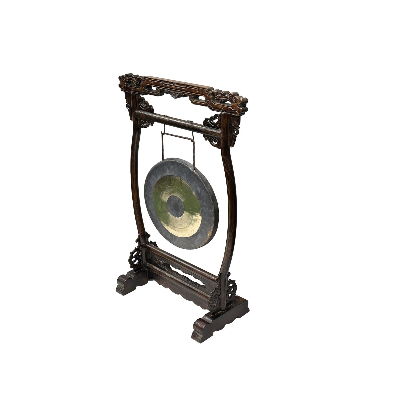 Chinese Distressed Brown Dragon Head Wood Figure Gong Display Rack - 3