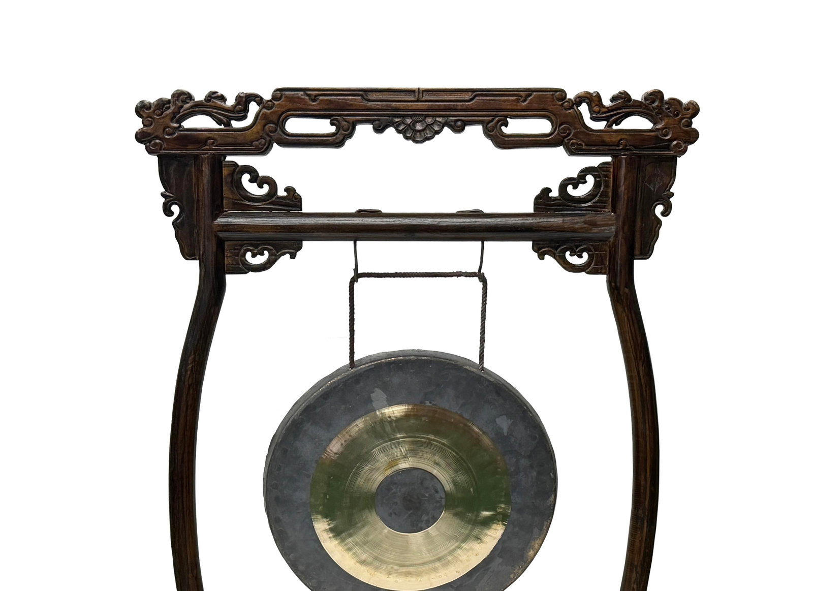 Chinese Distressed Brown Dragon Head Wood Figure Gong Display Rack - 4