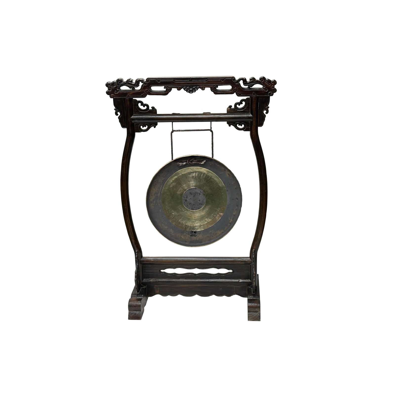 Chinese Distressed Brown Dragon Head Wood Figure Gong Display Rack - 9