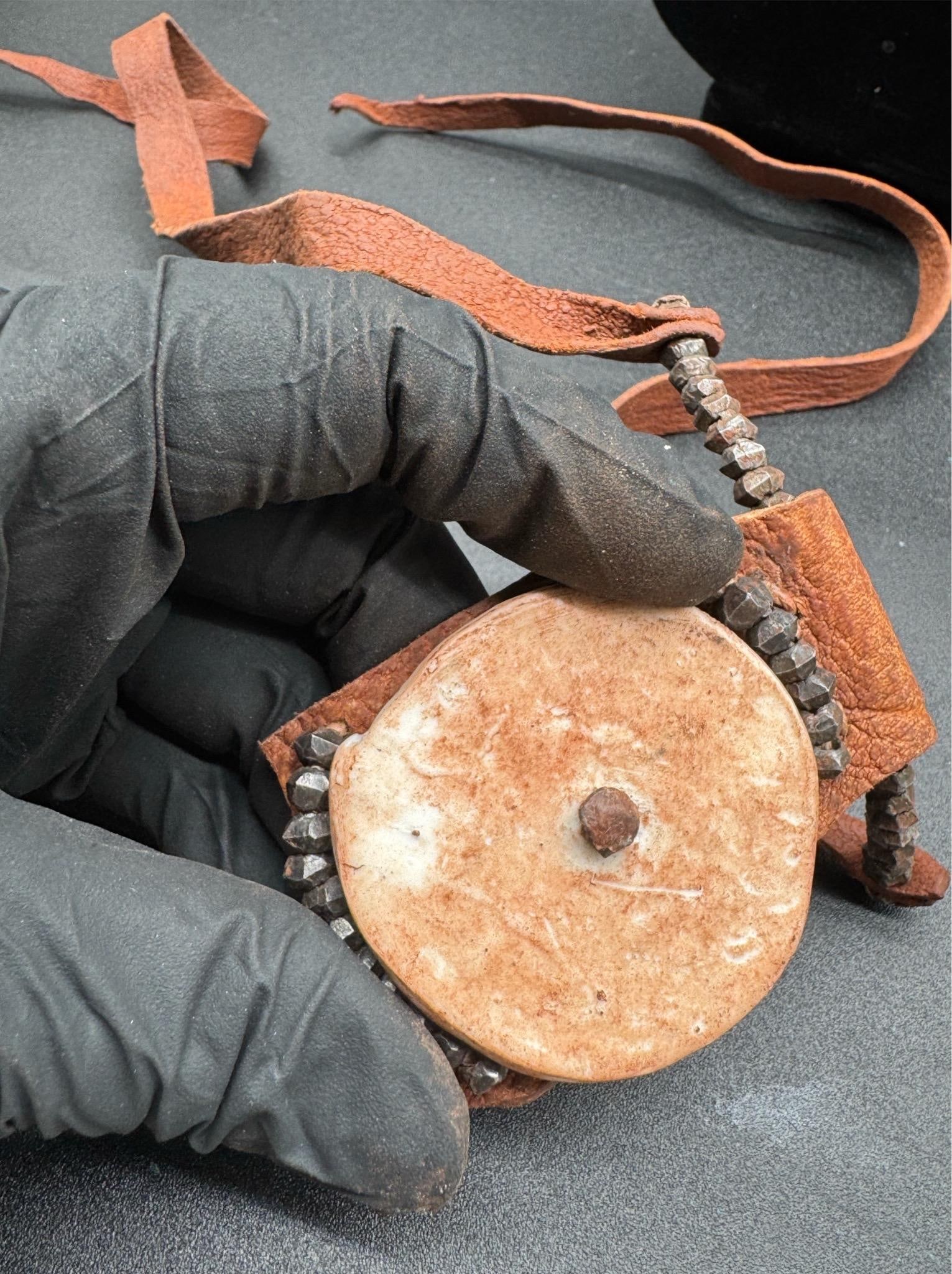 1970s Himba Tribe Necklace, Leather, Shell, Iron - 14