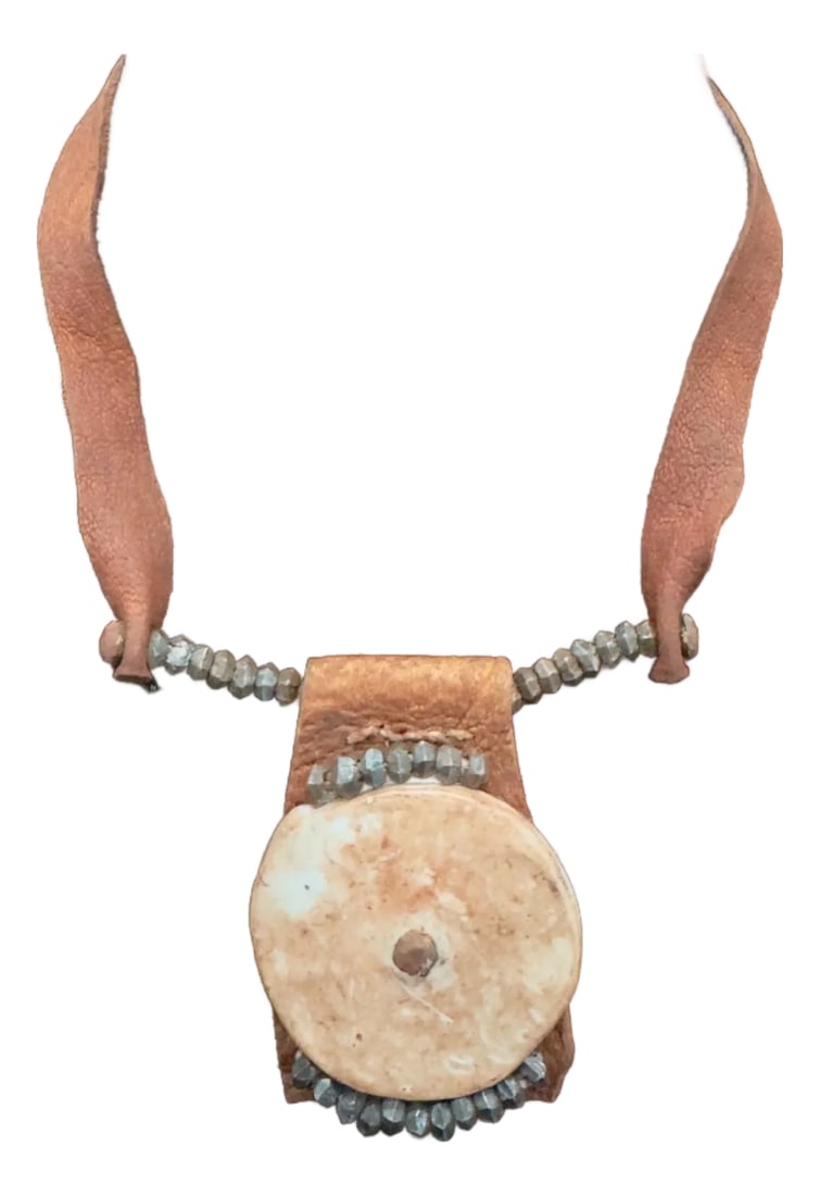 1970s Himba Tribe Necklace, Leather, Shell, Iron: Authentic Himba Necklace, traditional jewelry from the Himba people of Namibian. Jewelry is sourced from natural materials like leather, iron, copper, seeds, nuts, and shells. This necklace here with