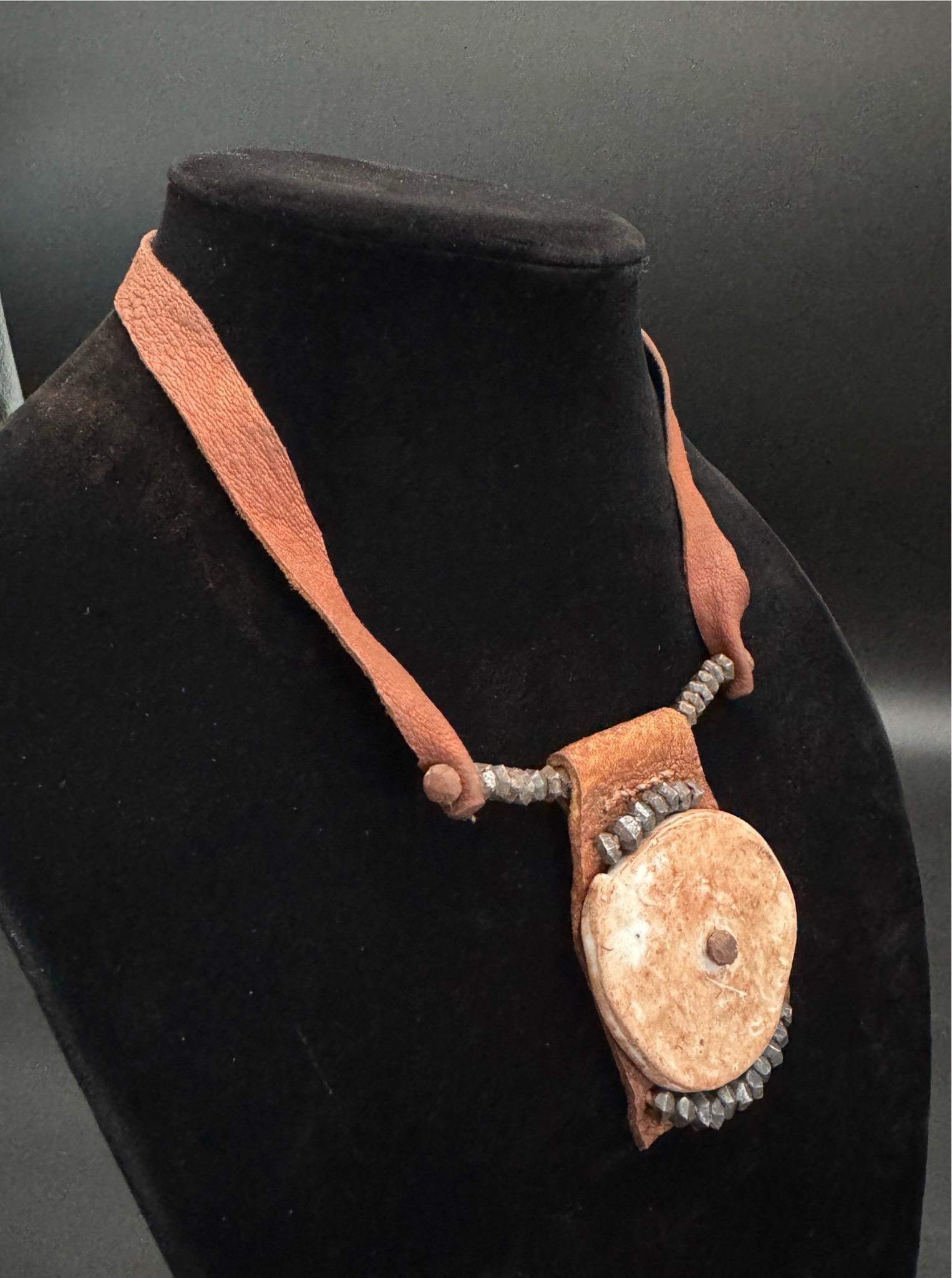 1970s Himba Tribe Necklace, Leather, Shell, Iron - 3