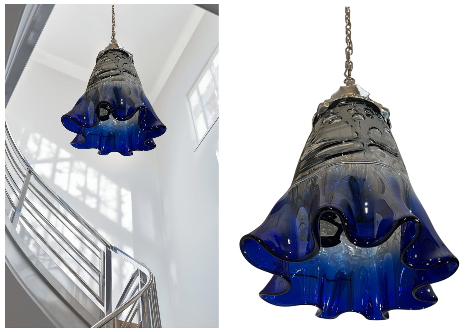 Vintage Fazzoletto Cobalt Blue Black Fenestrated Art Glass Pendant Light - 13