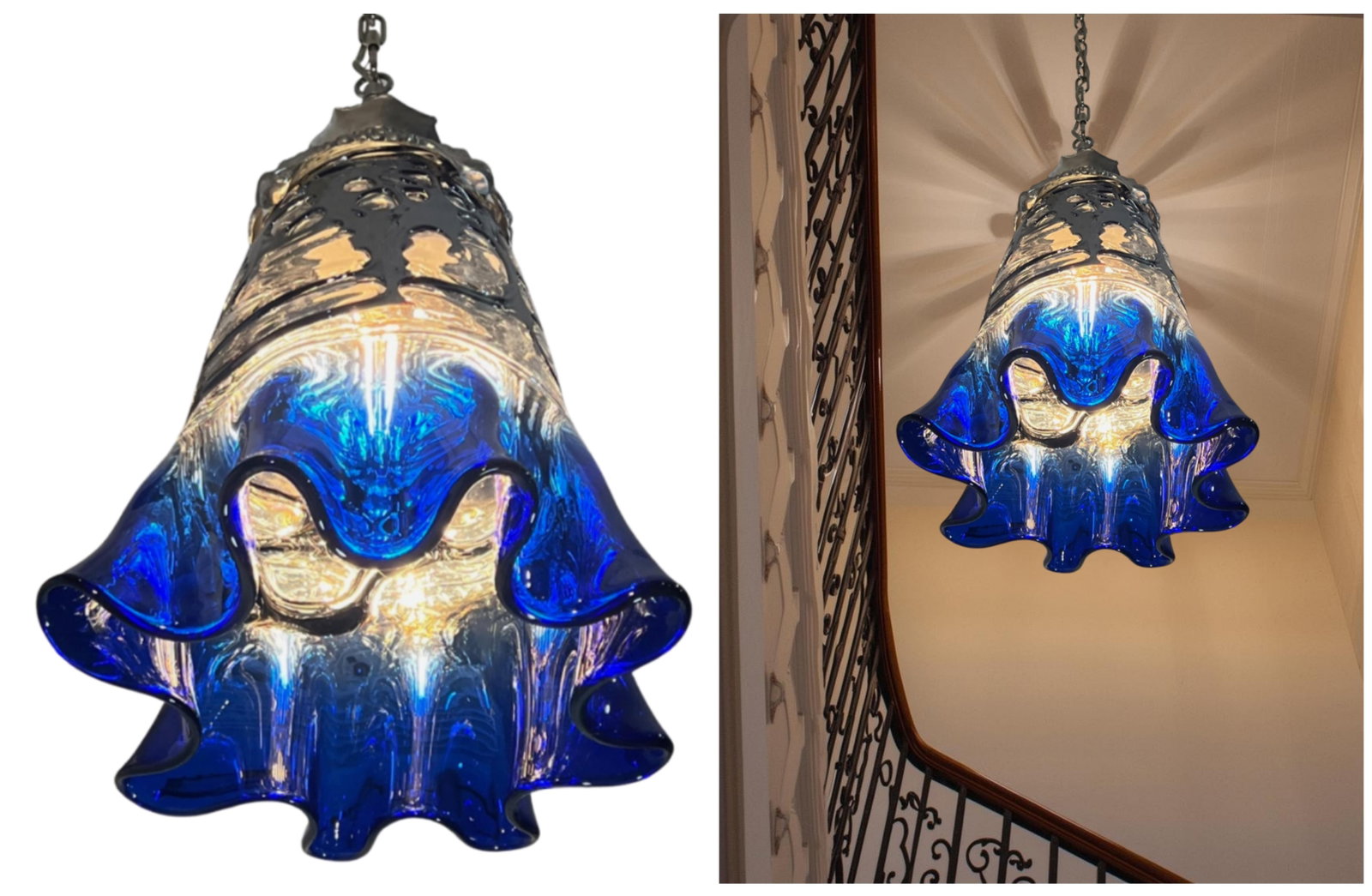Vintage Fazzoletto Cobalt Blue Black Fenestrated Art Glass Pendant Light - 16
