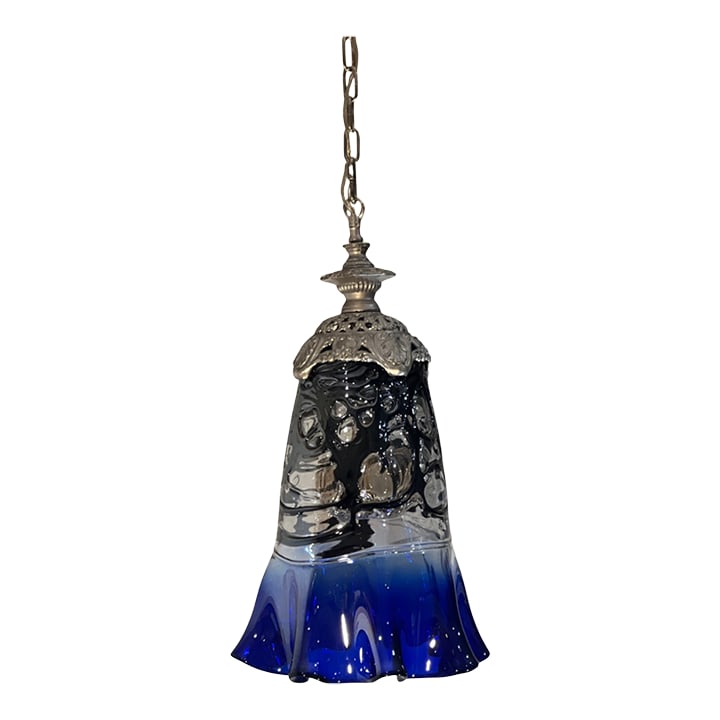Vintage Fazzoletto Cobalt Blue Black Fenestrated Art Glass Pendant Light: This striking one-of-a-kind pendant light showcases the artistry of hand-blown glass using the fazzoletto technique, where molten glass is shaped into fluid, ruffled forms reminiscent of a