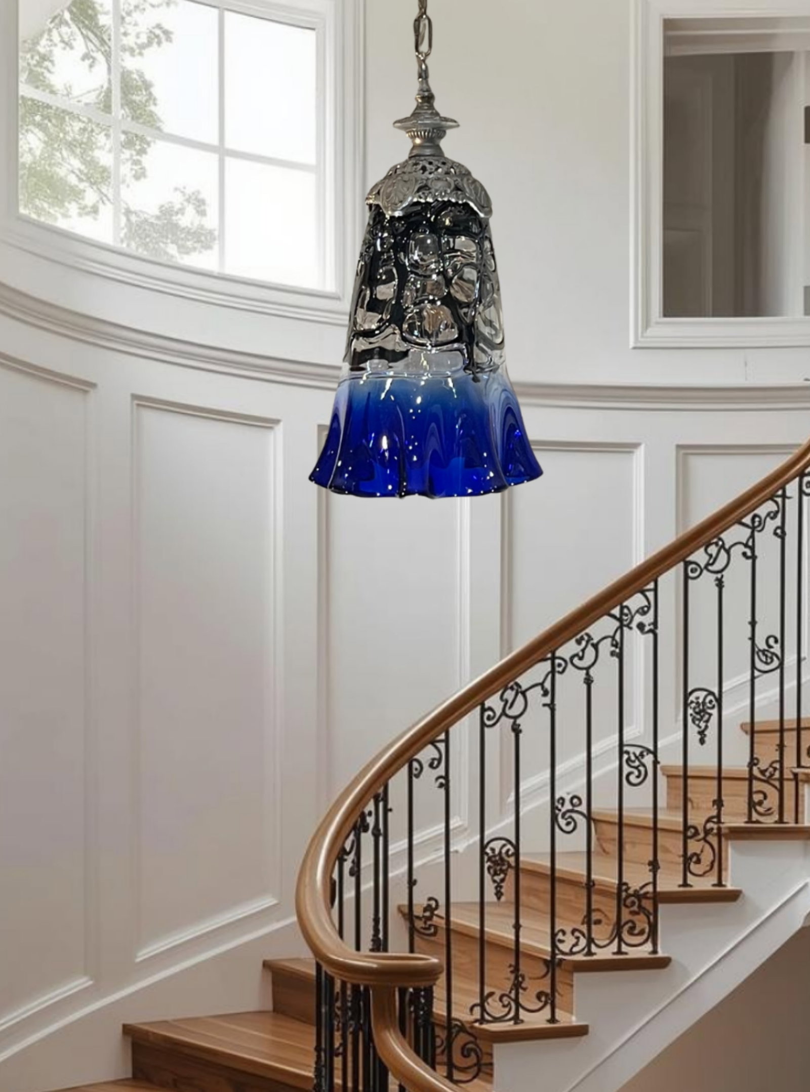 Vintage Fazzoletto Cobalt Blue Black Fenestrated Art Glass Pendant Light - 2
