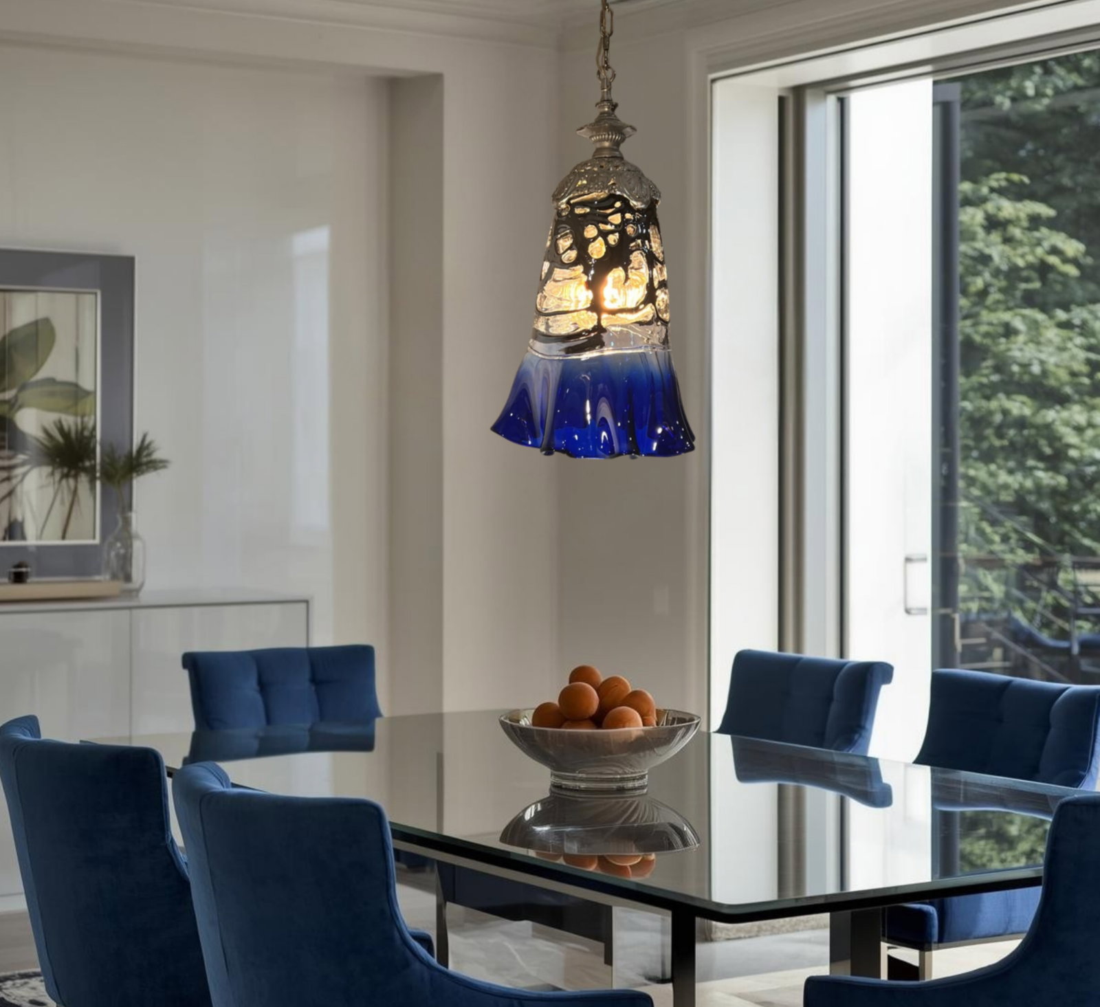 Vintage Fazzoletto Cobalt Blue Black Fenestrated Art Glass Pendant Light - 4