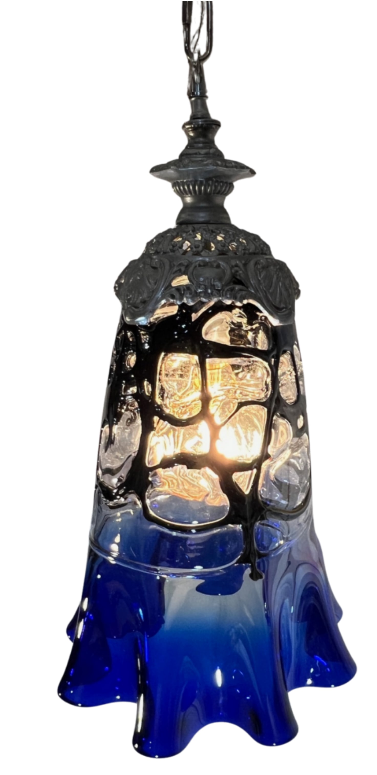 Vintage Fazzoletto Cobalt Blue Black Fenestrated Art Glass Pendant Light - 5