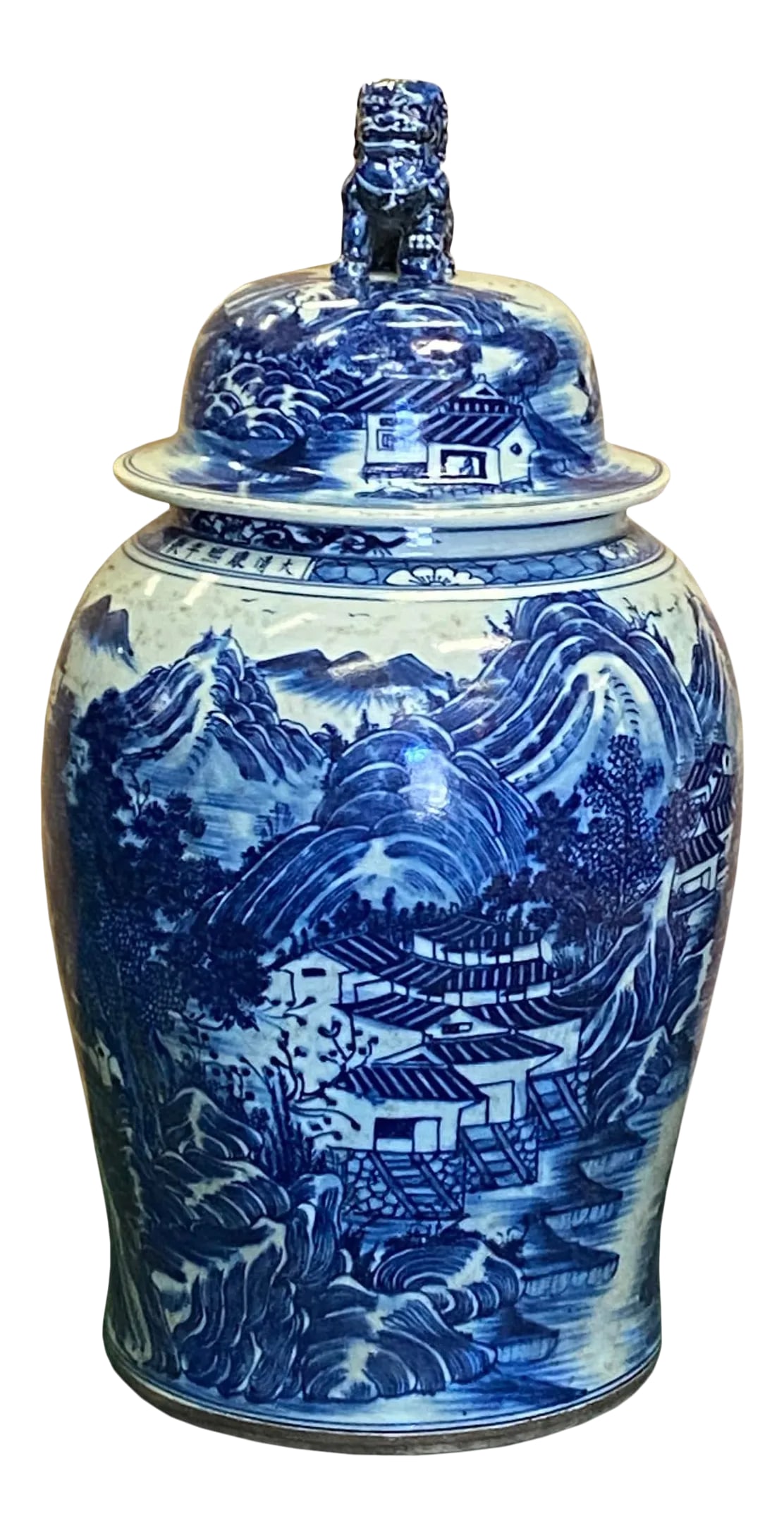 Chinese Large Blue & White Scenery Porcelain General Temple Jar: This is a traditional Chinese decorative general jar/temple jar in darker blue & white color with handpainted oriental mountain water scenery graphic. ( off white tone ) Dimensions: Dia 14" x h27.5"