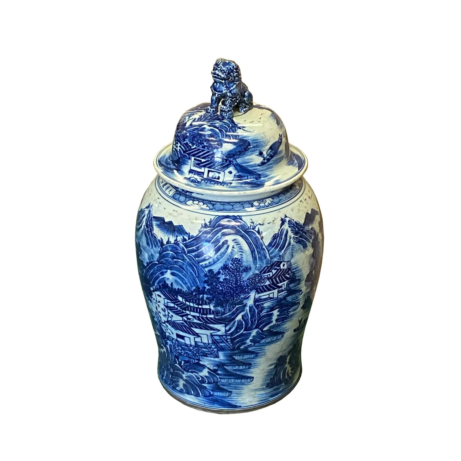 Chinese Large Blue & White Scenery Porcelain General Temple Jar - 2