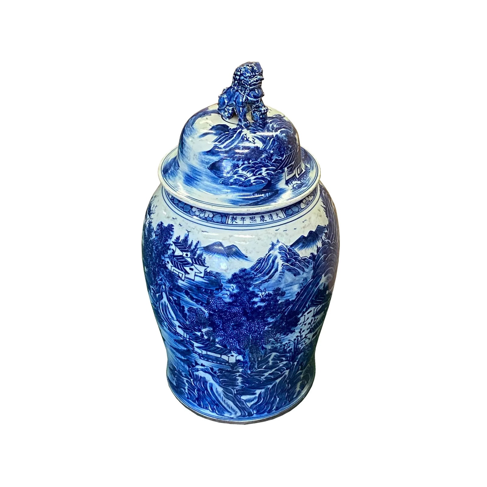Chinese Large Blue & White Scenery Porcelain General Temple Jar - 3