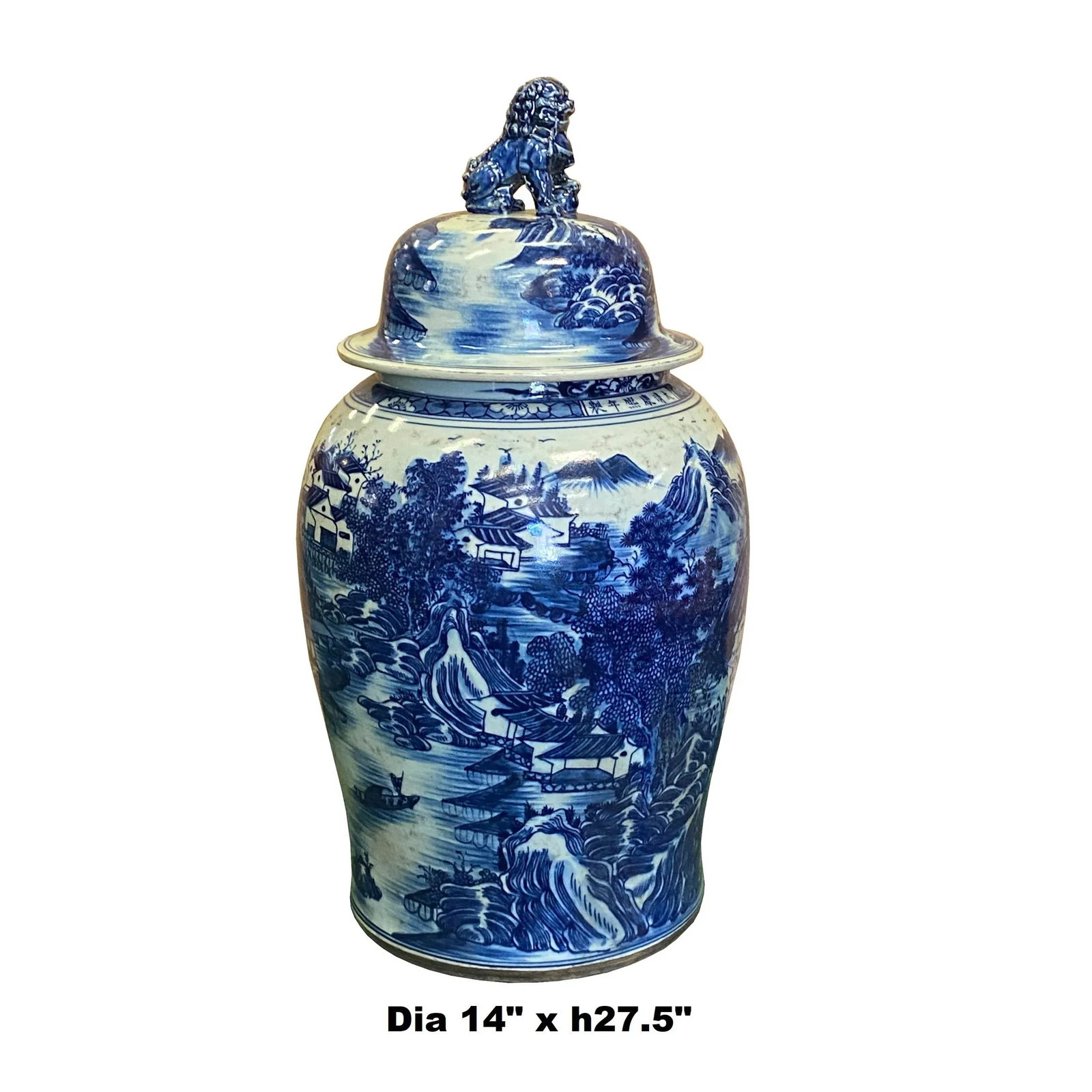 Chinese Large Blue & White Scenery Porcelain General Temple Jar - 4