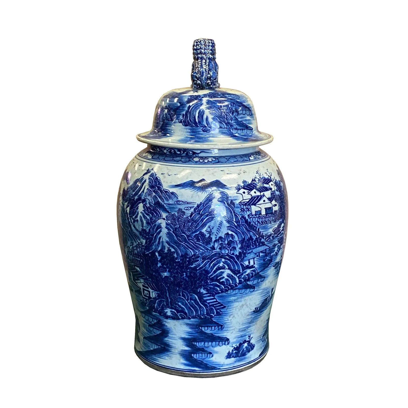 Chinese Large Blue & White Scenery Porcelain General Temple Jar - 5