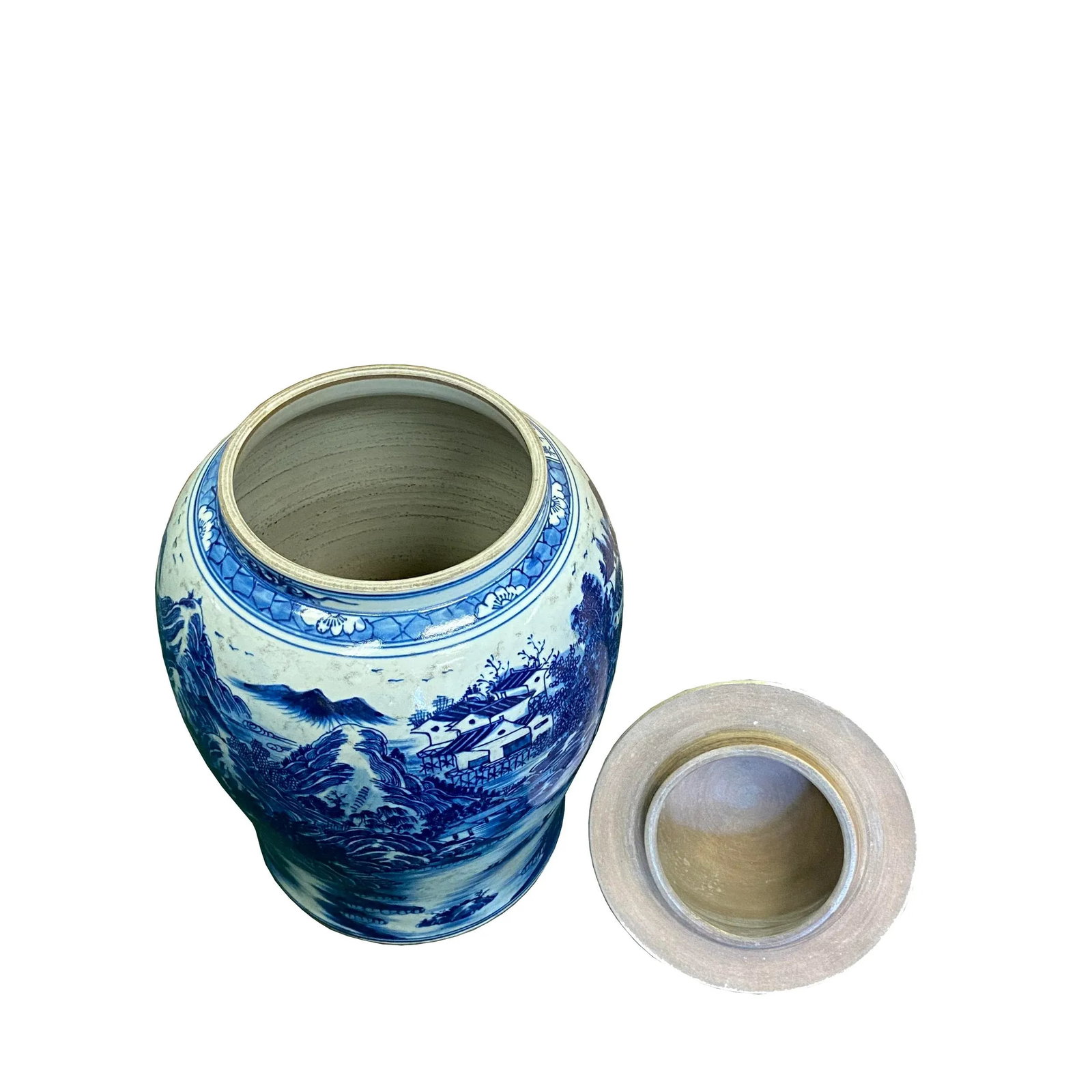 Chinese Large Blue & White Scenery Porcelain General Temple Jar - 6