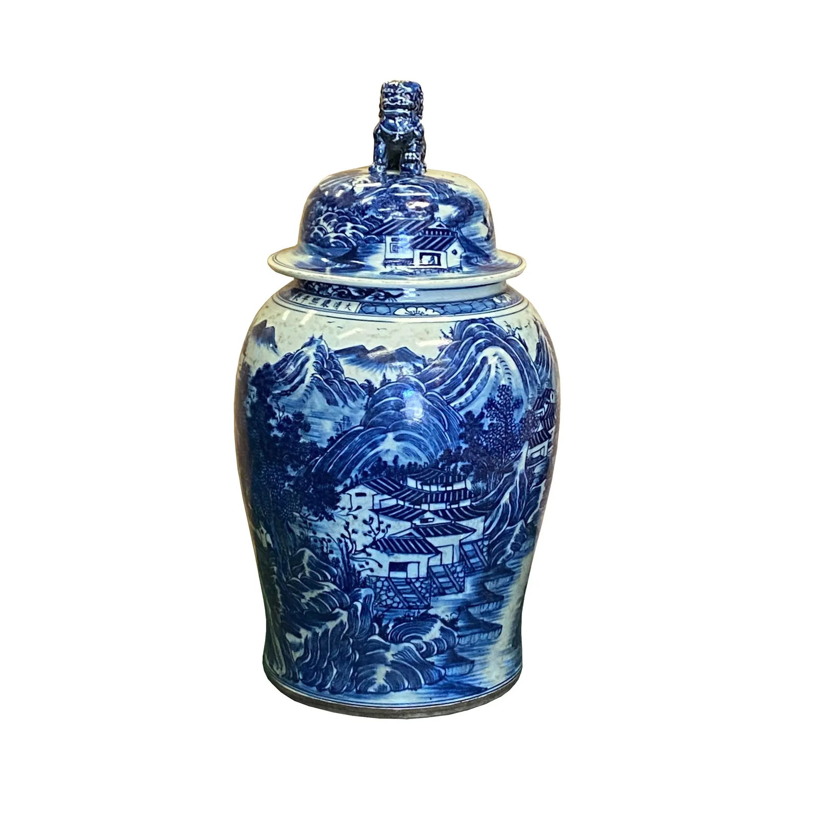 Chinese Large Blue & White Scenery Porcelain General Temple Jar - 8
