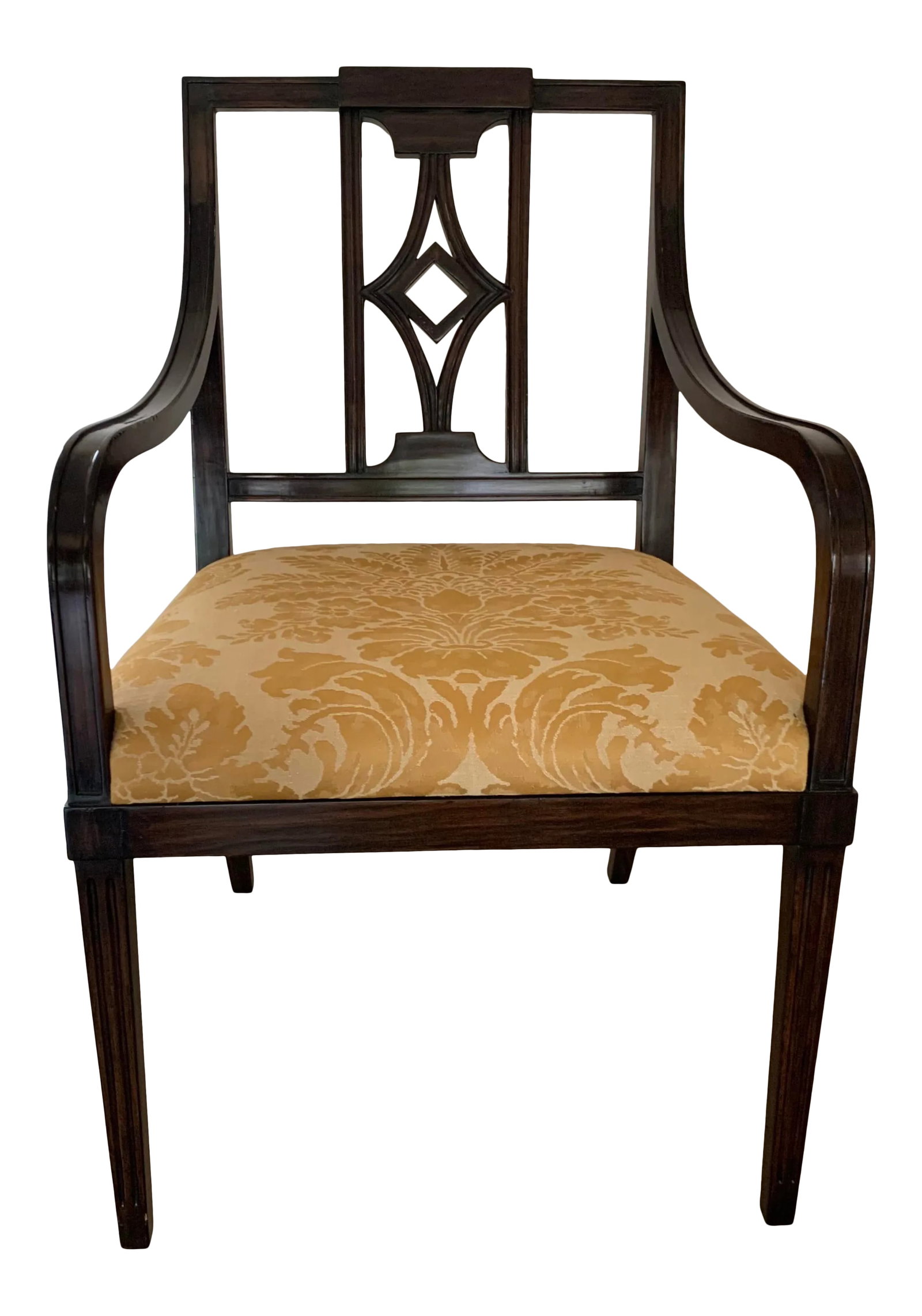 Hepplewhite Style Armchair With Fortuny Seat Cushion Fabric: Vintage hepplewhite style armchair with Fortuny silk seat cushion fabric. Condition: Alterations: Original Condition Unaltered Imperfections: Some Imperfections Condition Notes: Small chip in wood on