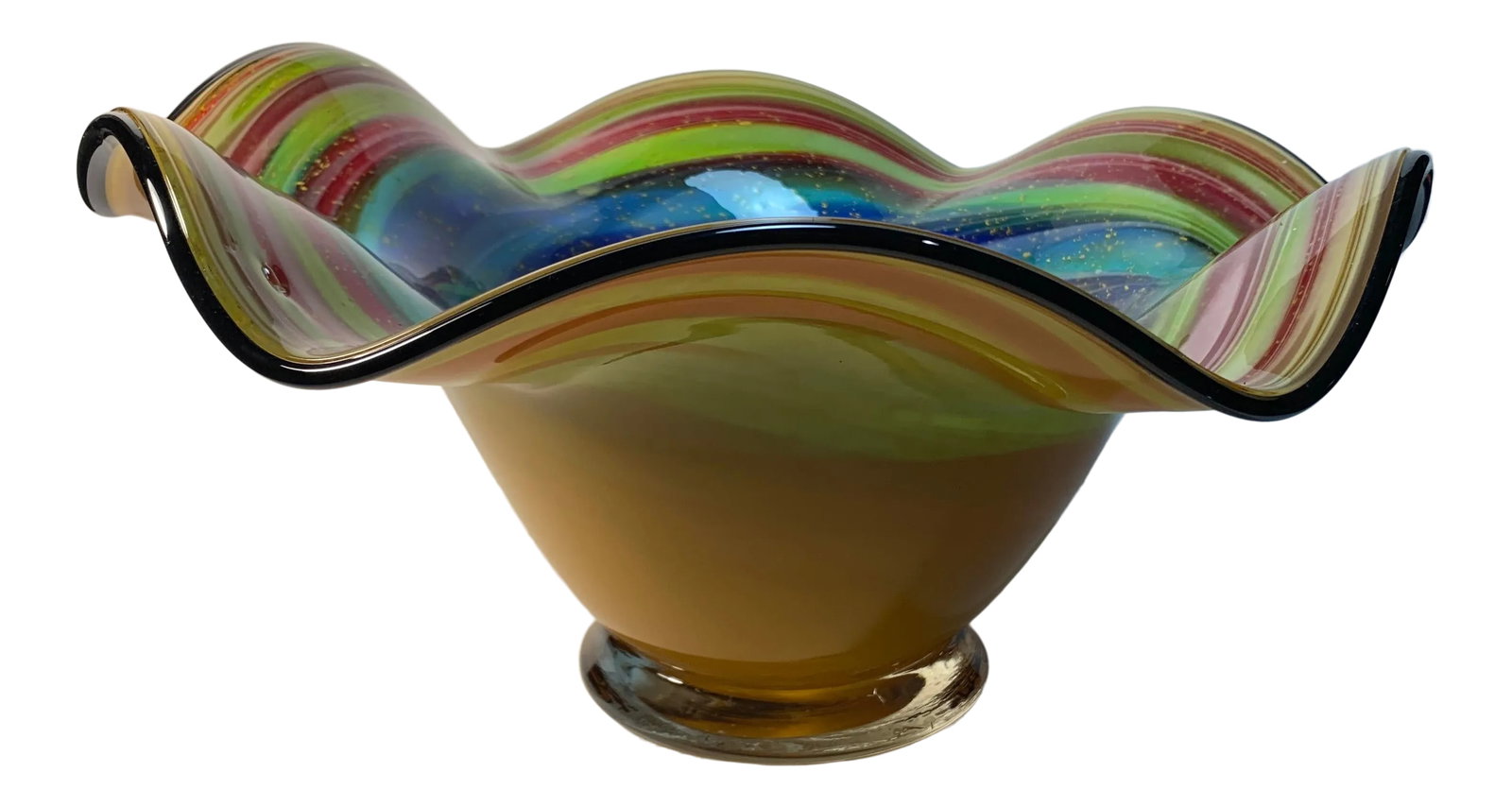 Multicolor Art Glass Decorative Centerpiece Bowl: This beautiful 17 in. wide heavy centerpiece bowl is hand blown. The exterior is amber while the interior has a multicolor ( red, yellow, blue, green & brown) gold flecked spinning pinwheel pattern.