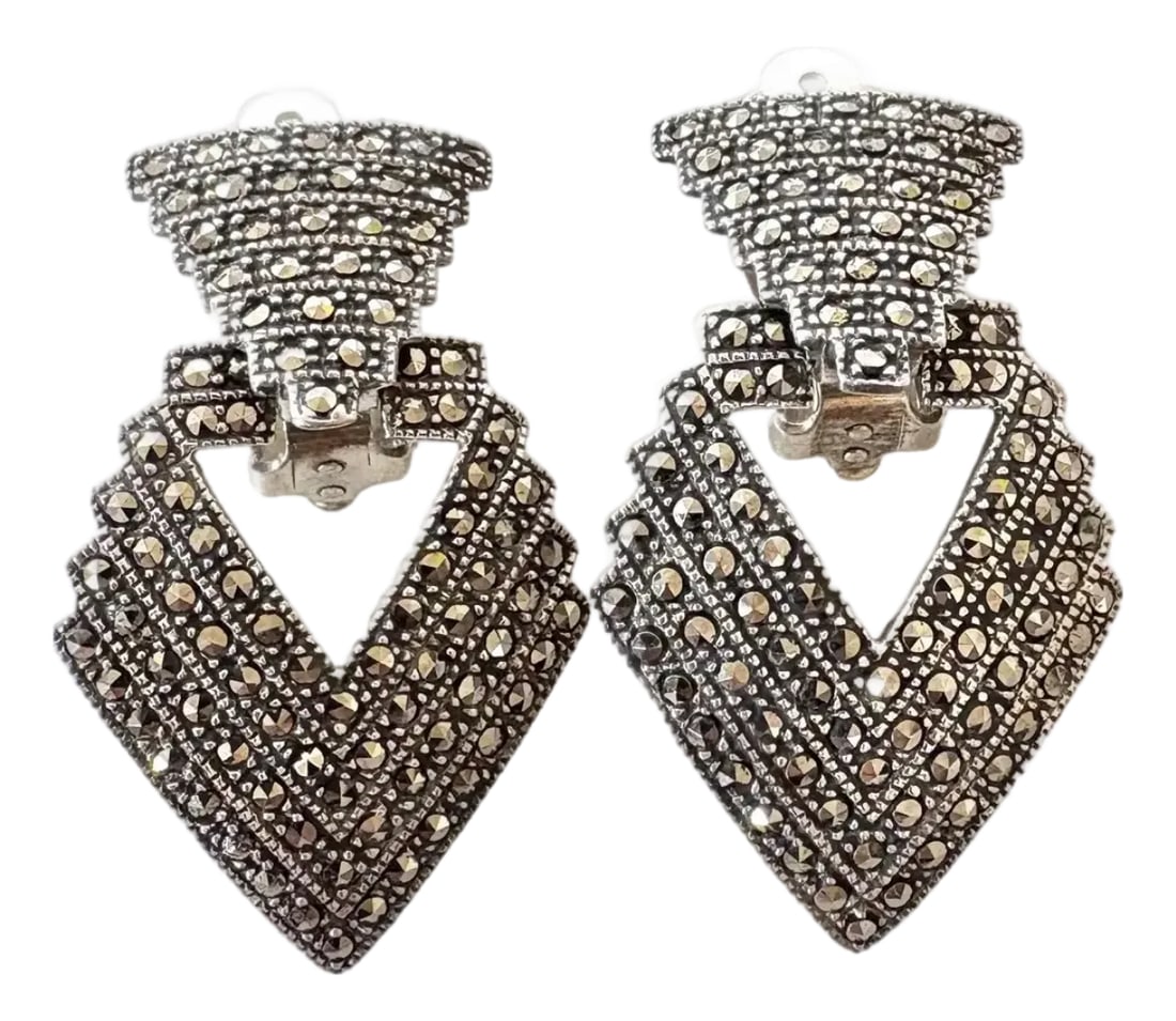 Vintage Art Deco Sterling Silver and Marcasite Gatsby Style Chevron Door Knocker Style Clip on Earri: Stunning vintage Art Deco Sterling silver, Marcasite Chevron Gatsby Door knocker Clip on Earrings. Stamped 825. Condition: Alterations: Original Condition Unaltered Imperfections: Some Imperfections