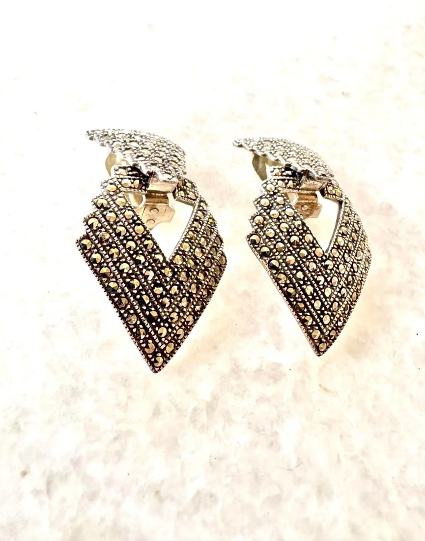 Vintage Art Deco Sterling Silver and Marcasite Gatsby Style Chevron Door Knocker Style Clip on Earri - 2