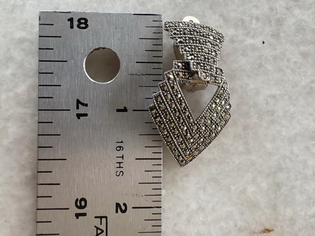 Vintage Art Deco Sterling Silver and Marcasite Gatsby Style Chevron Door Knocker Style Clip on Earri - 3