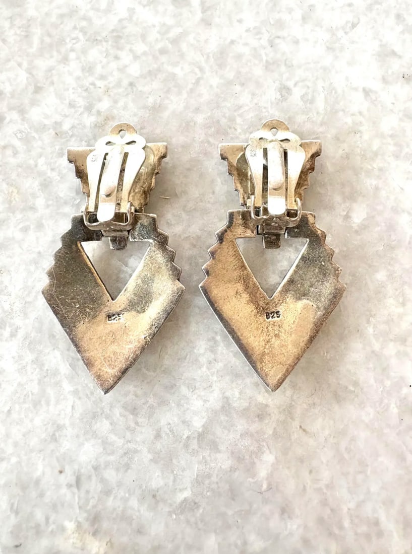 Vintage Art Deco Sterling Silver and Marcasite Gatsby Style Chevron Door Knocker Style Clip on Earri - 4