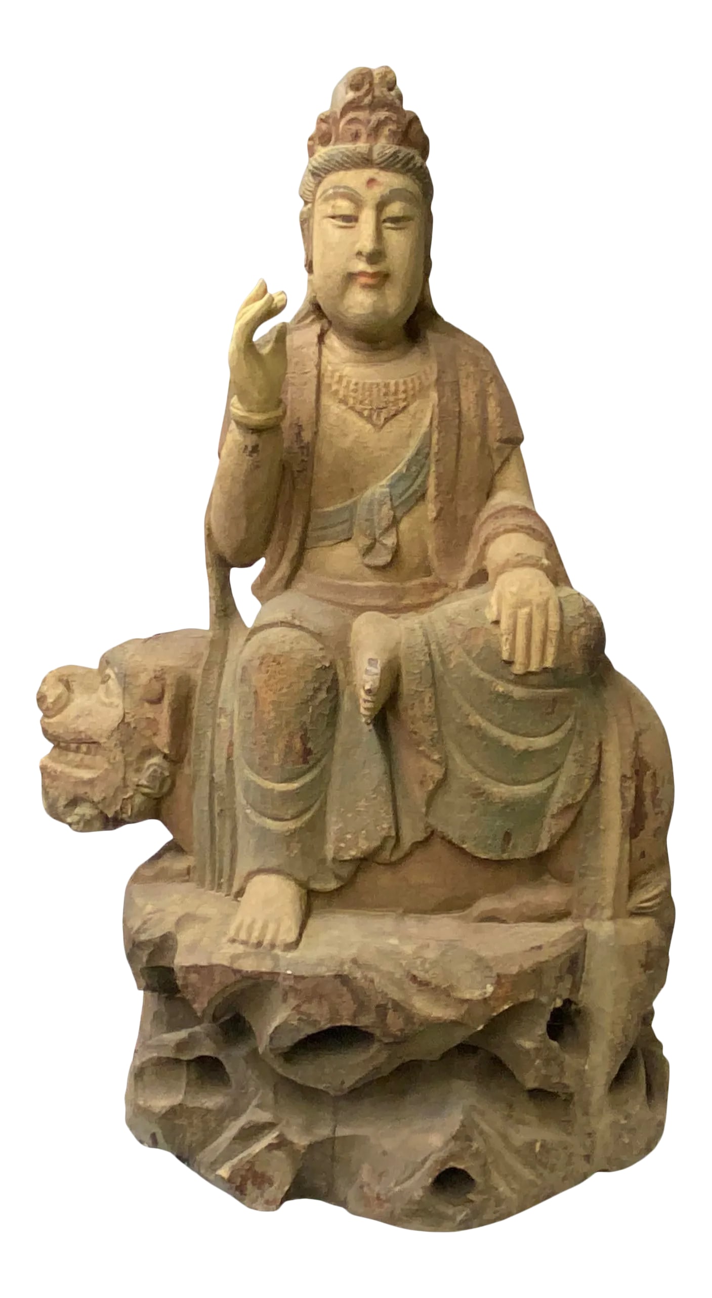Chinese Rustic Wood Sitting Guan Yin on Lion Manjushri Statue: This is a Chinese rustic wooden Guan Yin on Lion Manjushri Sitting Buddha statue. It is finished with a vintage rustic look. Little wear-out crack marks on the body. Dimensions: 19"x d12" x h32" Origi