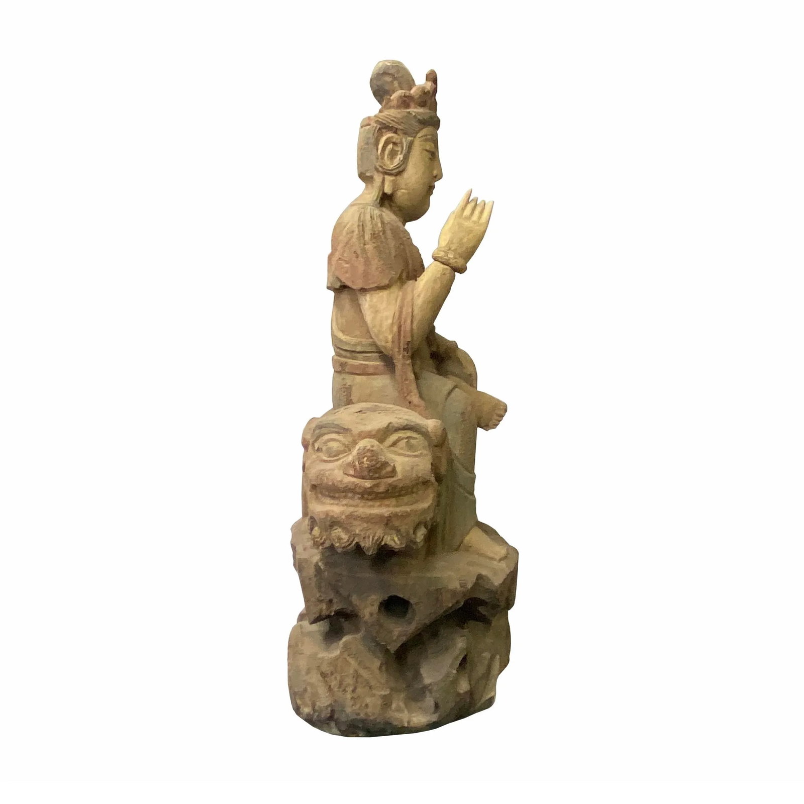 Chinese Rustic Wood Sitting Guan Yin on Lion Manjushri Statue - 2