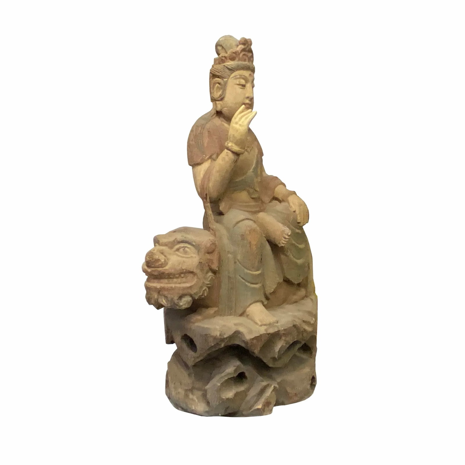 Chinese Rustic Wood Sitting Guan Yin on Lion Manjushri Statue - 3