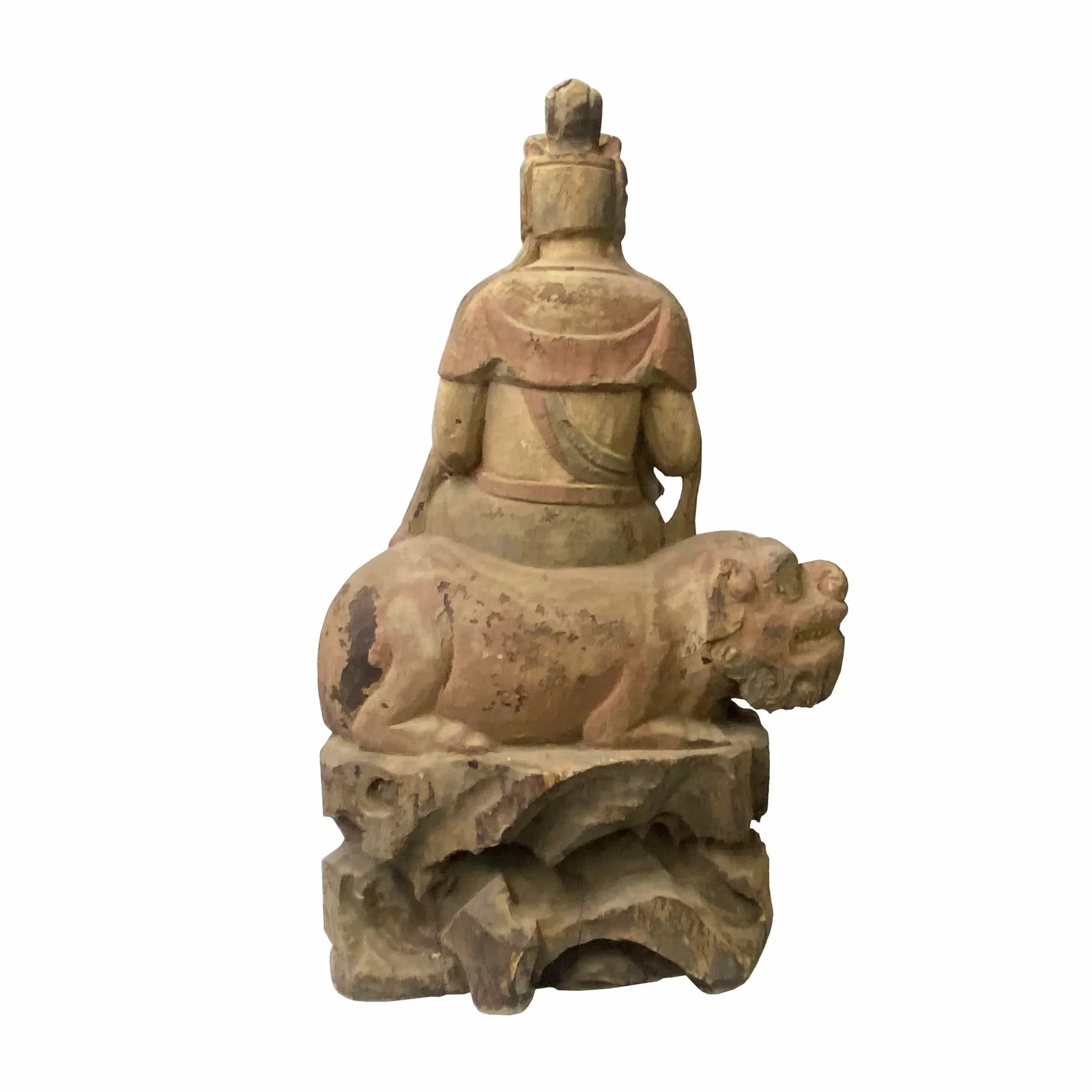 Chinese Rustic Wood Sitting Guan Yin on Lion Manjushri Statue - 4