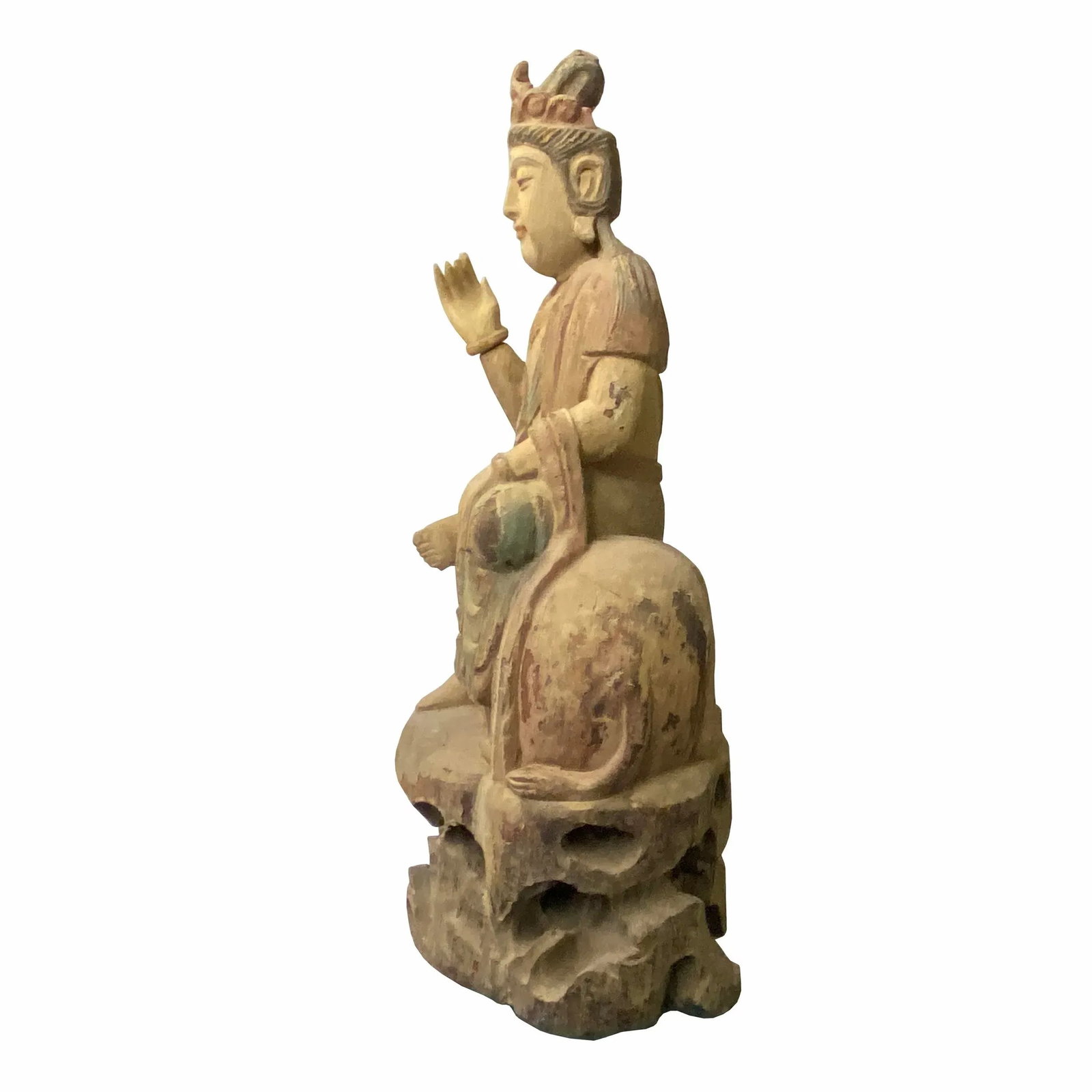 Chinese Rustic Wood Sitting Guan Yin on Lion Manjushri Statue - 5