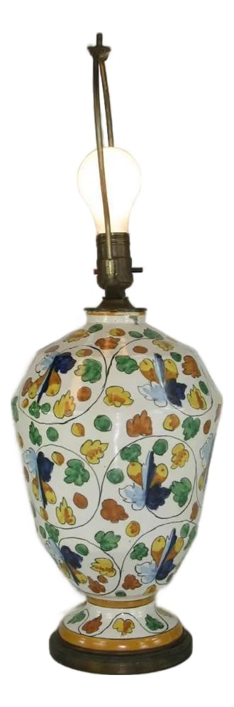 1900 Large Table Lamp Art Deco Italy Capodimonte Hand Thrown & Painted Porcelain: This large table lamp from Italy's Capodimonte is a stunning example of Art Deco style, hand thrown and painted porcelain. The lamp features a beautiful multicolor floral pattern on a white and beige 