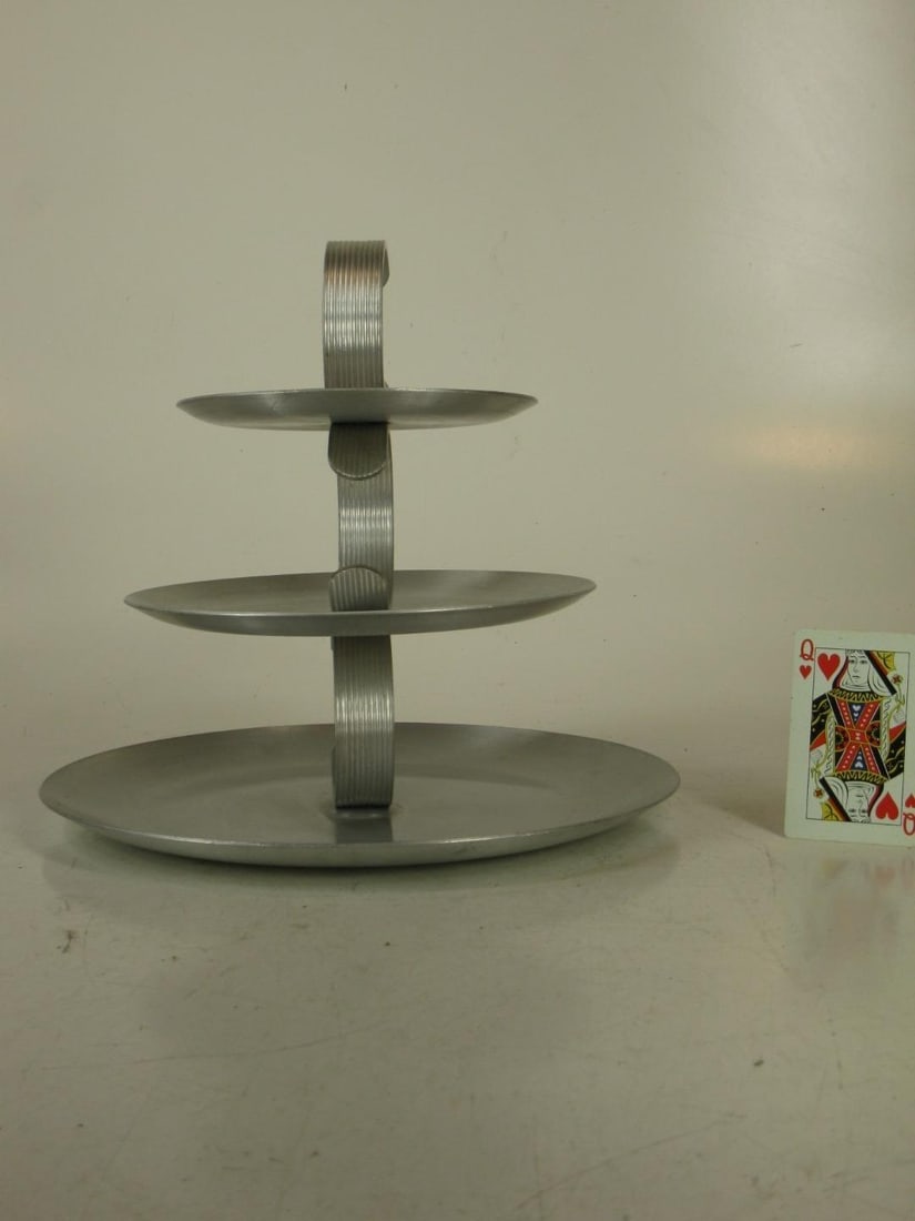 19th Century Serving Tray Mullti-tear Hand Wrought Aluminum Mid Century Modern - 12