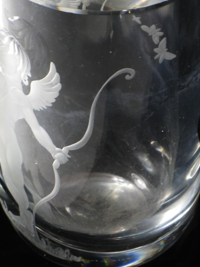 Mid 19th Century Vase Swedish Crystal Cupid Boy, 6" Engraved Naked Cherub, Kjellander Glass - 10