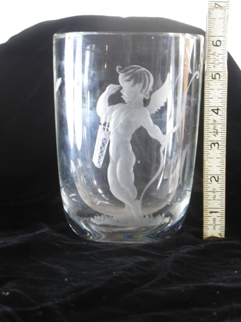 Mid 19th Century Vase Swedish Crystal Cupid Boy, 6" Engraved Naked Cherub, Kjellander Glass - 12